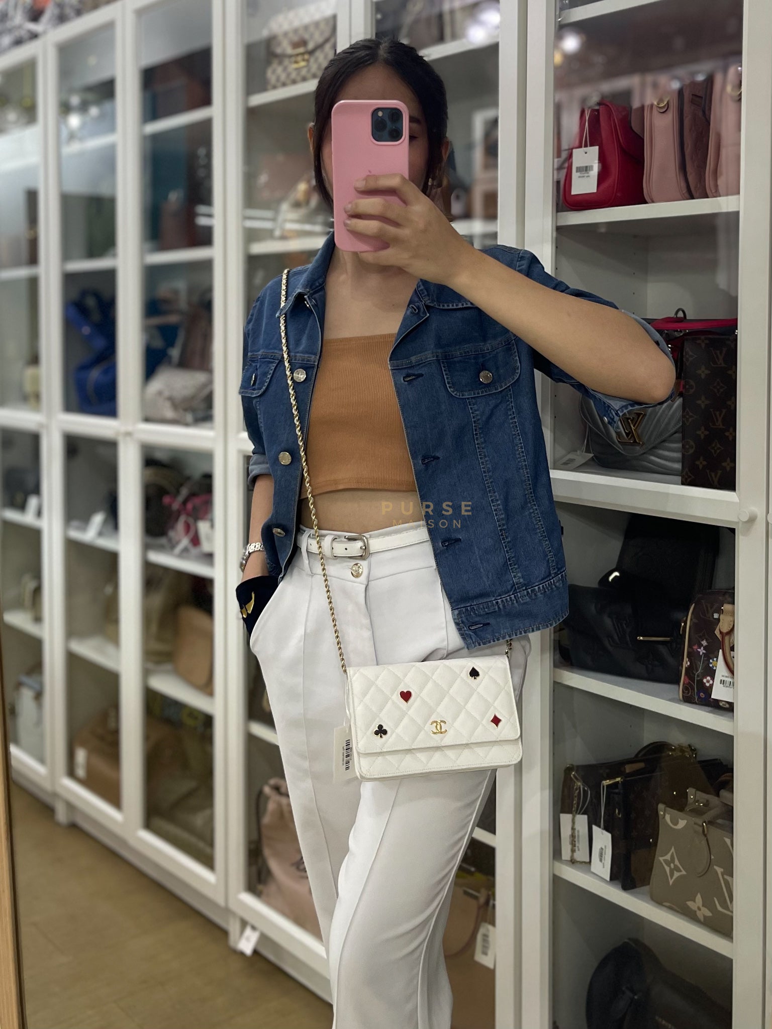 Coco Casino Wallet On Chain (WOC) in White Caviar Leather and Gold Hardware (Microchip) | Purse Maison Luxury Bags Shop