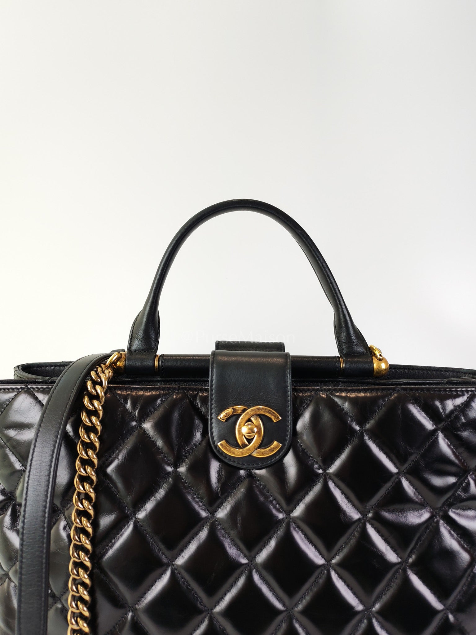 Coco Cocoon Large Tote Bag in Black Glazed Calfskin Leather and Aged Gold Hardware Series 23 | Purse Maison Luxury Bags Shop