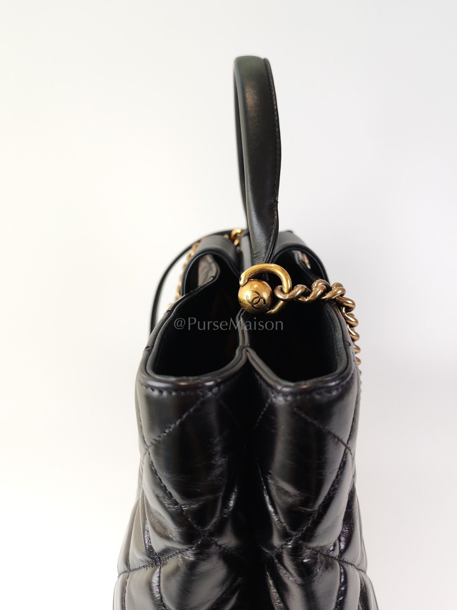 Coco Cocoon Large Tote Bag in Black Glazed Calfskin Leather and Aged Gold Hardware Series 23 | Purse Maison Luxury Bags Shop