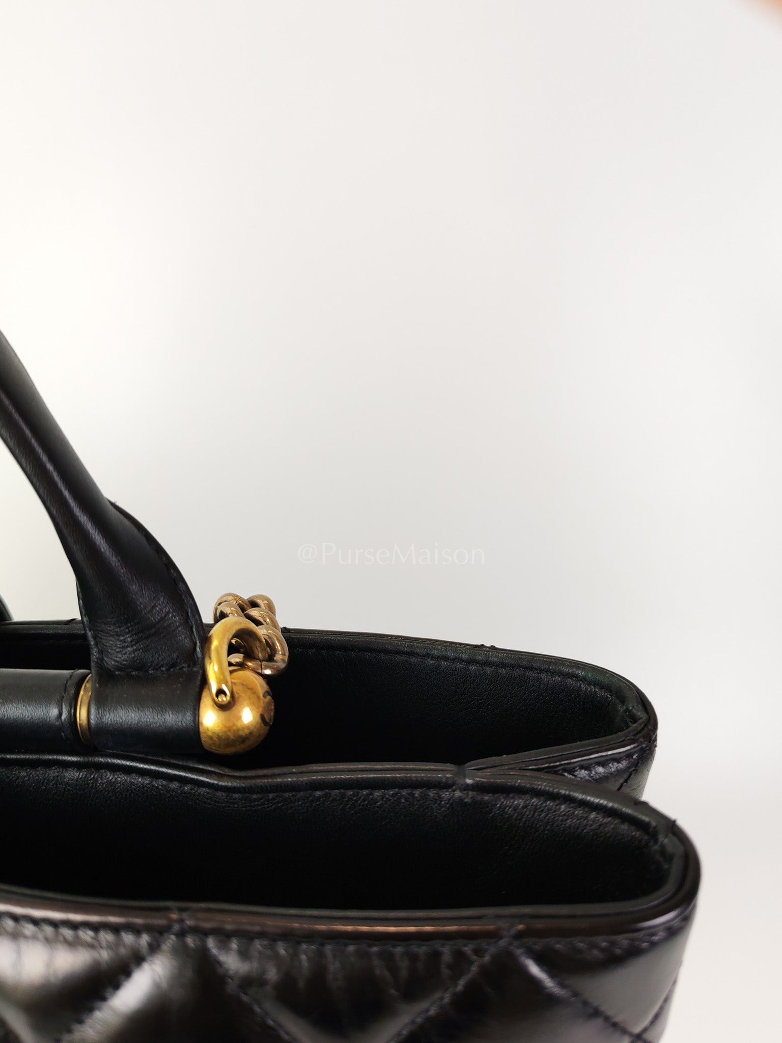 Coco Cocoon Large Tote Bag in Black Glazed Calfskin Leather and Aged Gold Hardware Series 23 | Purse Maison Luxury Bags Shop