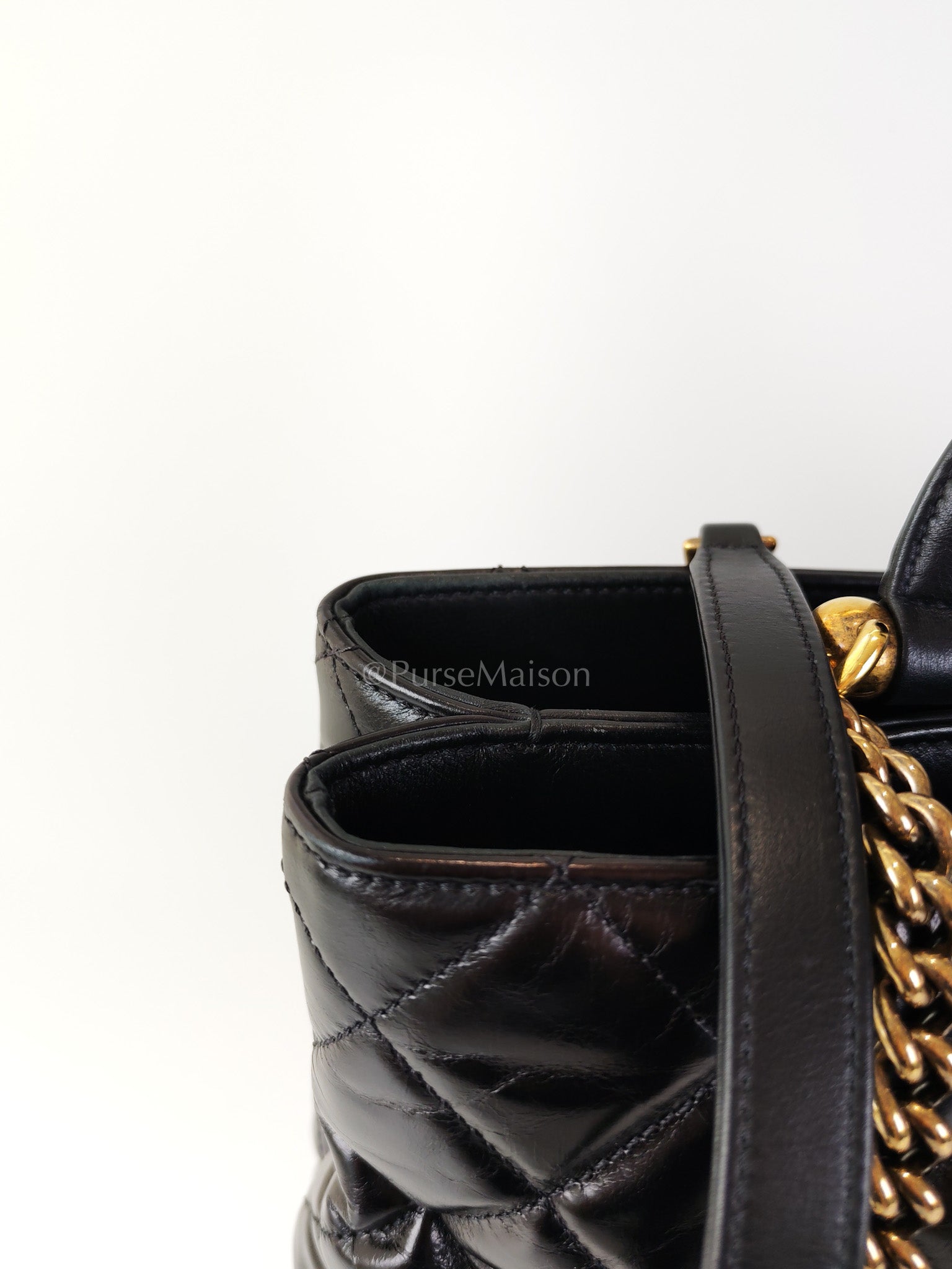 Coco Cocoon Large Tote Bag in Black Glazed Calfskin Leather and Aged Gold Hardware Series 23 | Purse Maison Luxury Bags Shop