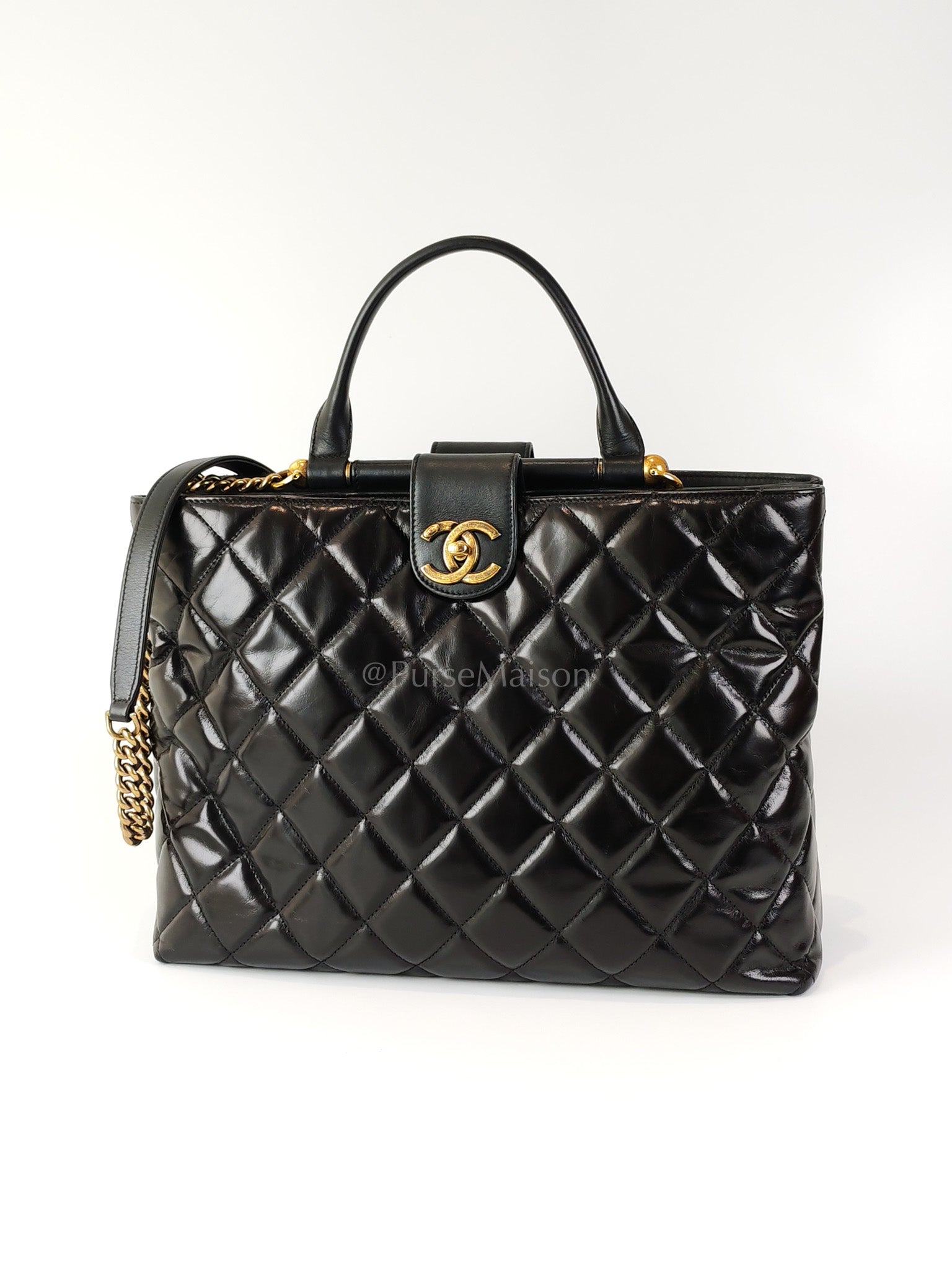 Coco Cocoon Large Tote Bag in Black Glazed Calfskin Leather and Aged Gold Hardware Series 23 | Purse Maison Luxury Bags Shop