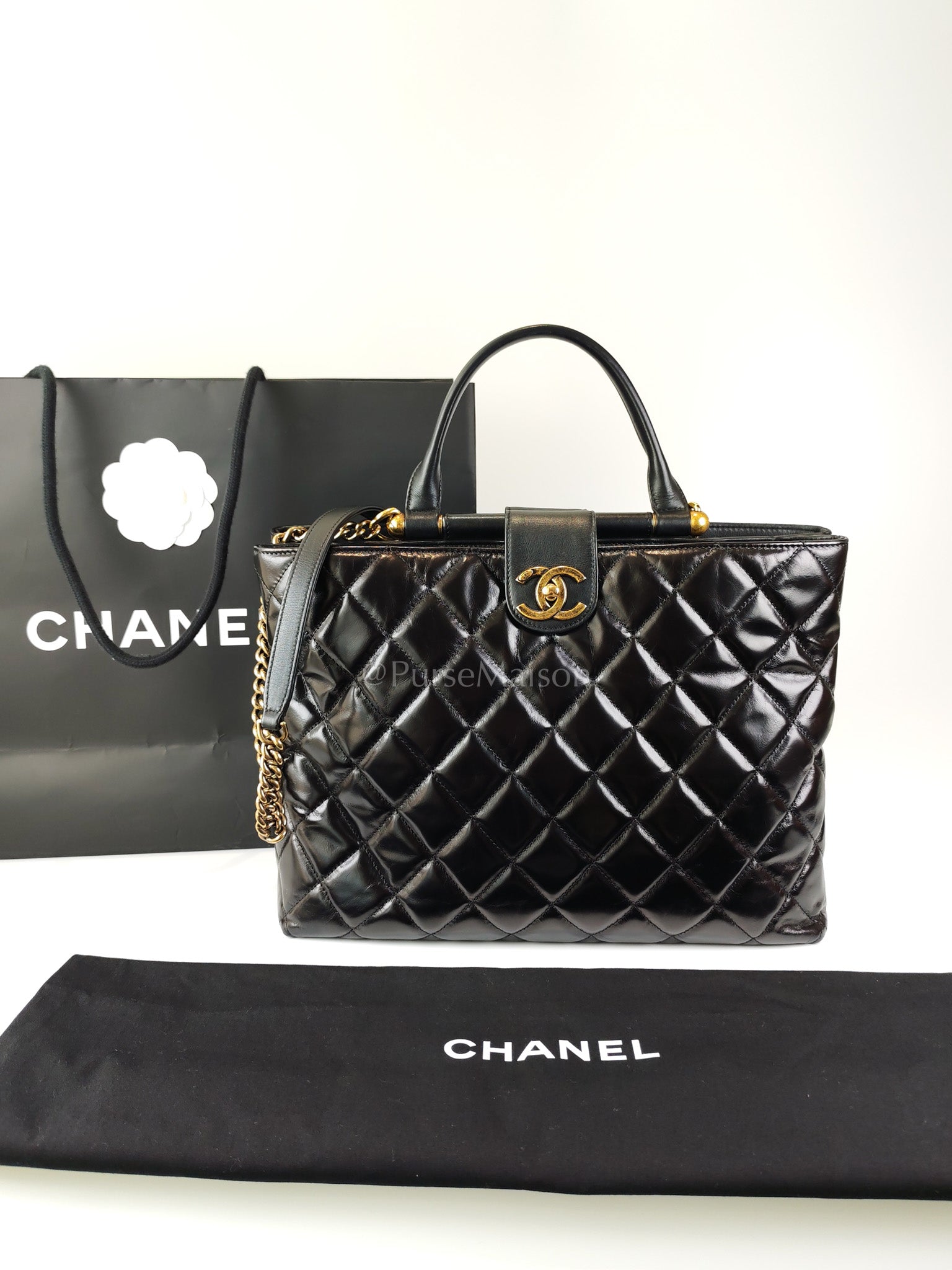 Coco Cocoon Large Tote Bag in Black Glazed Calfskin Leather and Aged Gold Hardware Series 23 | Purse Maison Luxury Bags Shop