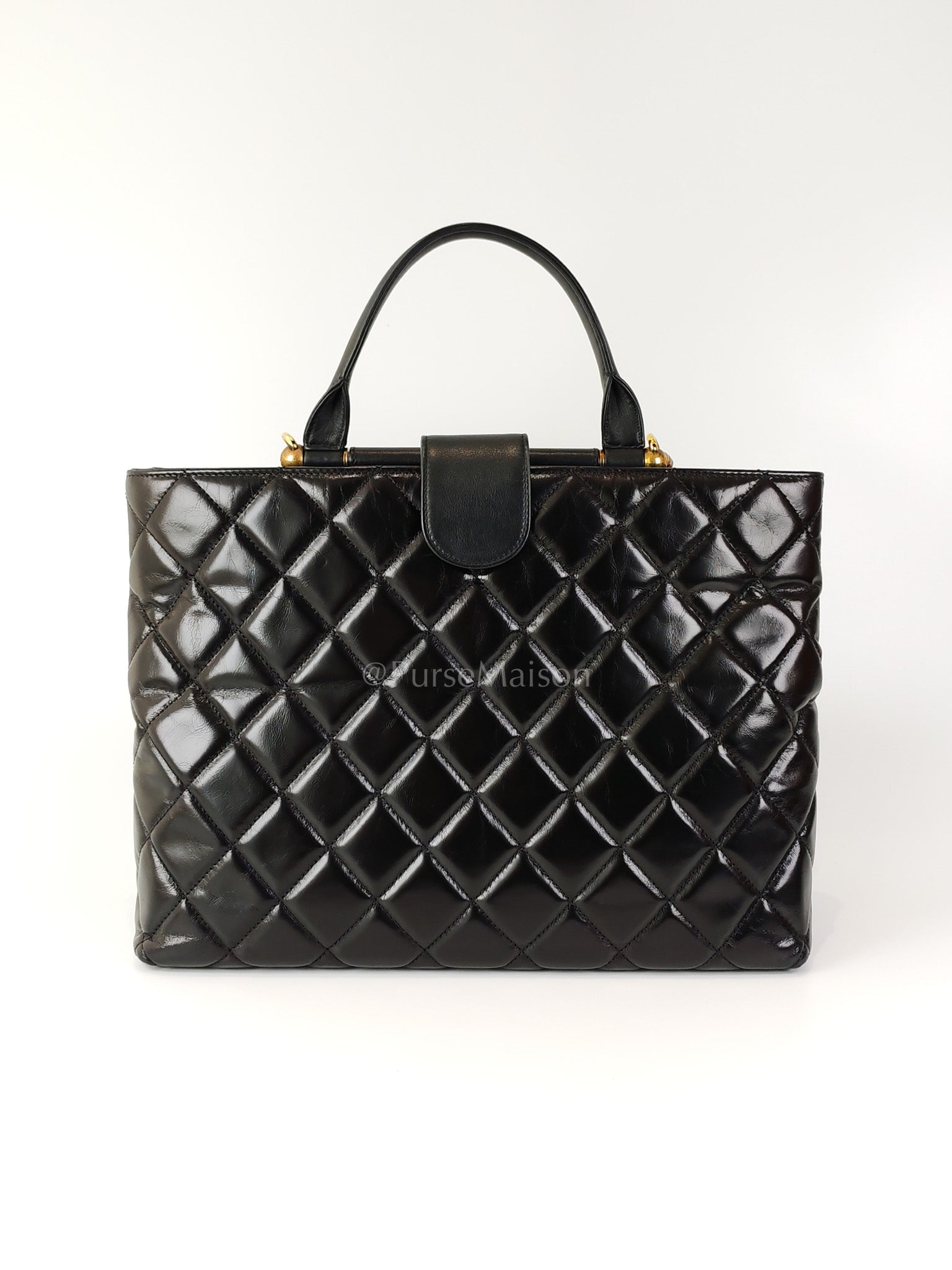 Coco Cocoon Large Tote Bag in Black Glazed Calfskin Leather and Aged Gold Hardware Series 23 | Purse Maison Luxury Bags Shop