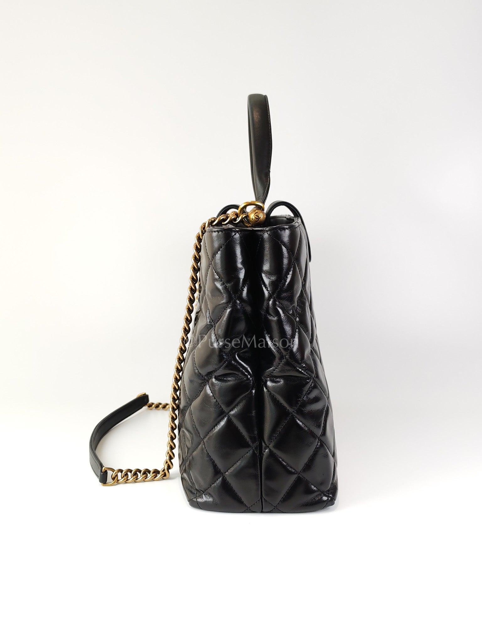 Coco Cocoon Large Tote Bag in Black Glazed Calfskin Leather and Aged Gold Hardware Series 23 | Purse Maison Luxury Bags Shop