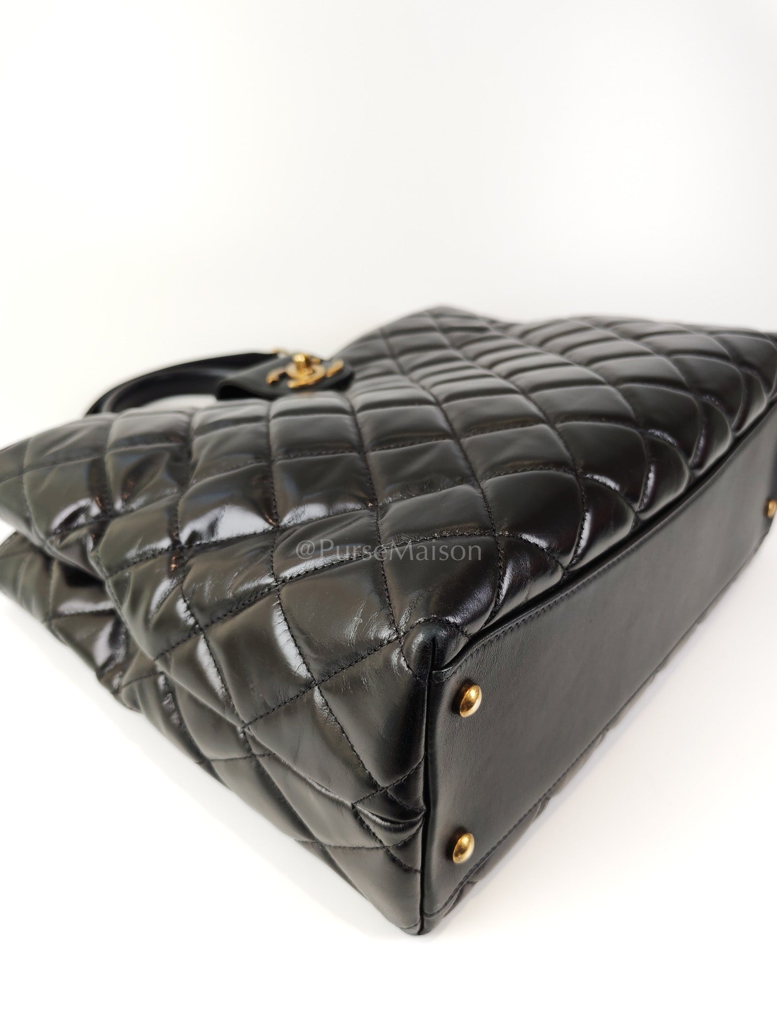 Coco Cocoon Large Tote Bag in Black Glazed Calfskin Leather and Aged Gold Hardware Series 23 | Purse Maison Luxury Bags Shop