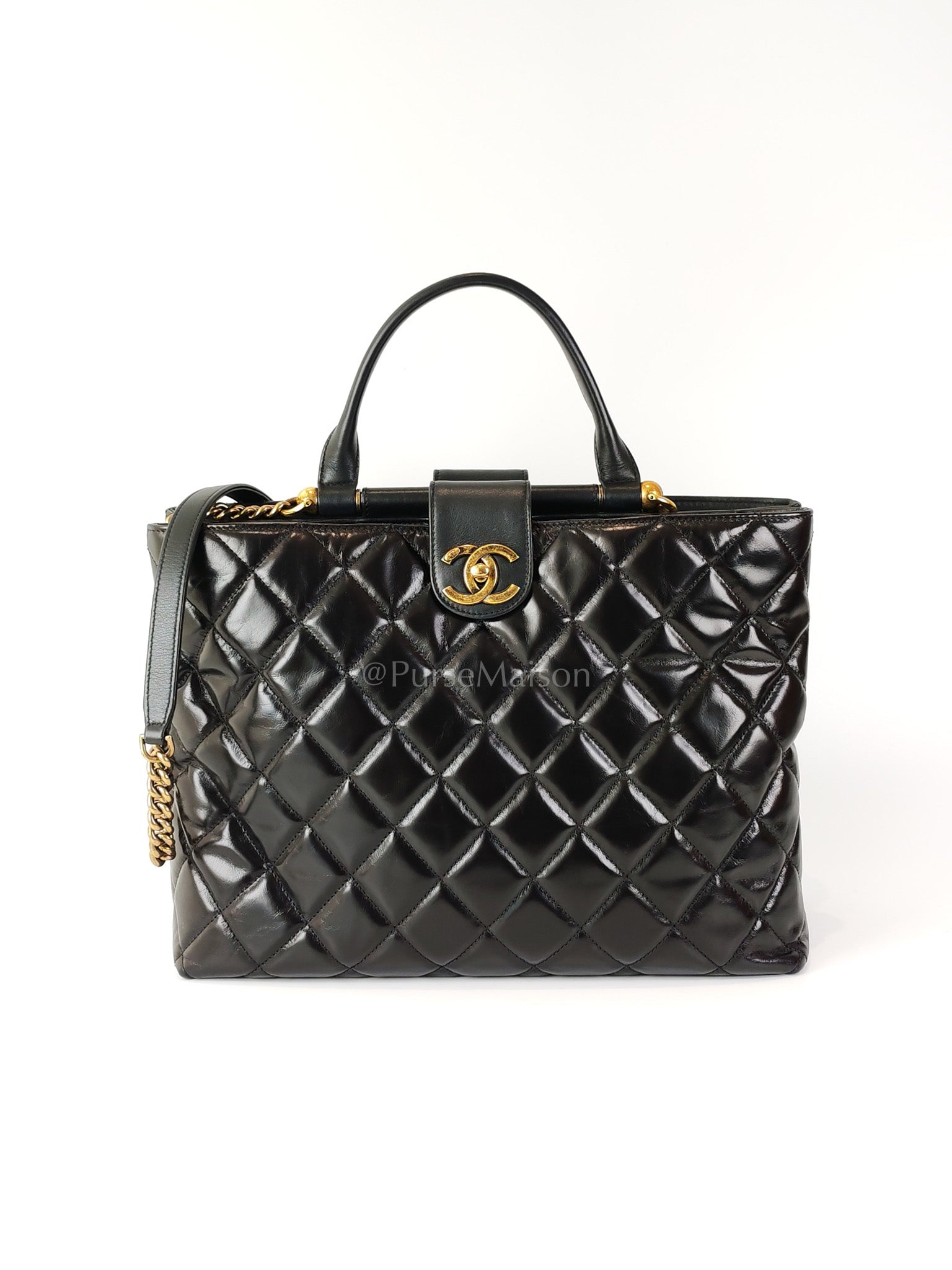 Coco Cocoon Large Tote Bag in Black Glazed Calfskin Leather and Aged Gold Hardware Series 23 | Purse Maison Luxury Bags Shop