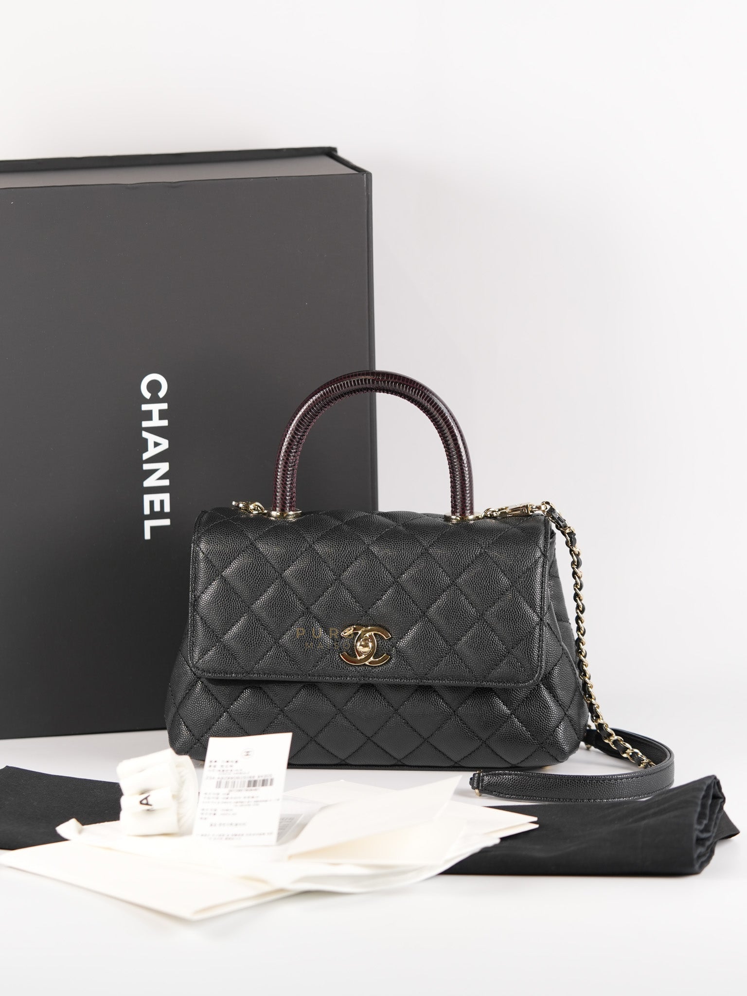 Coco Handle Black Small Caviar Lizard Handle in Light Gold Hardware (Microchip) | Purse Maison Luxury Bags Shop