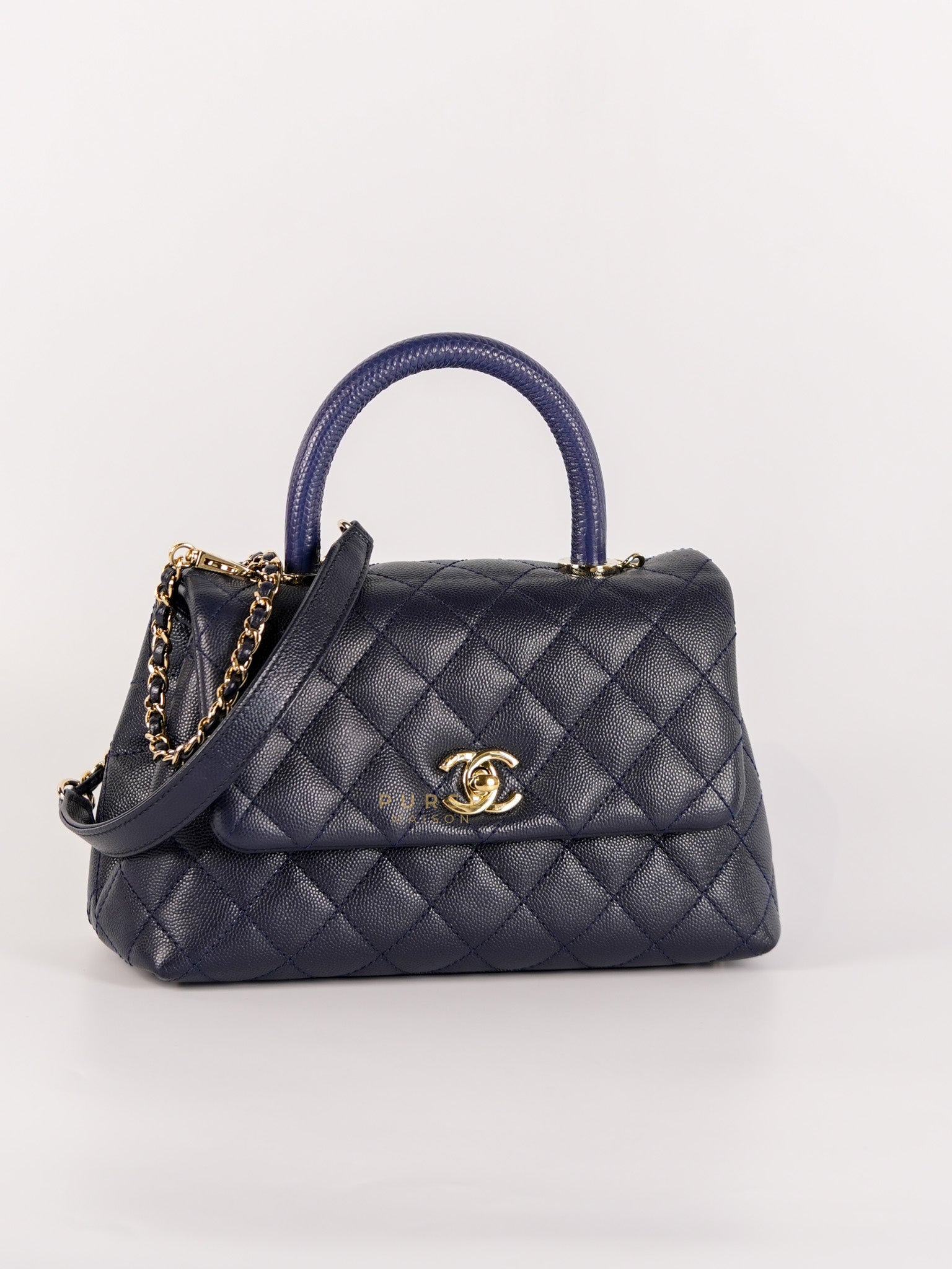 Coco Handle Lizard Small Navy Blue Caviar Leather in Light Gold Hardware (Series 31) | Purse Maison Luxury Bags Shop