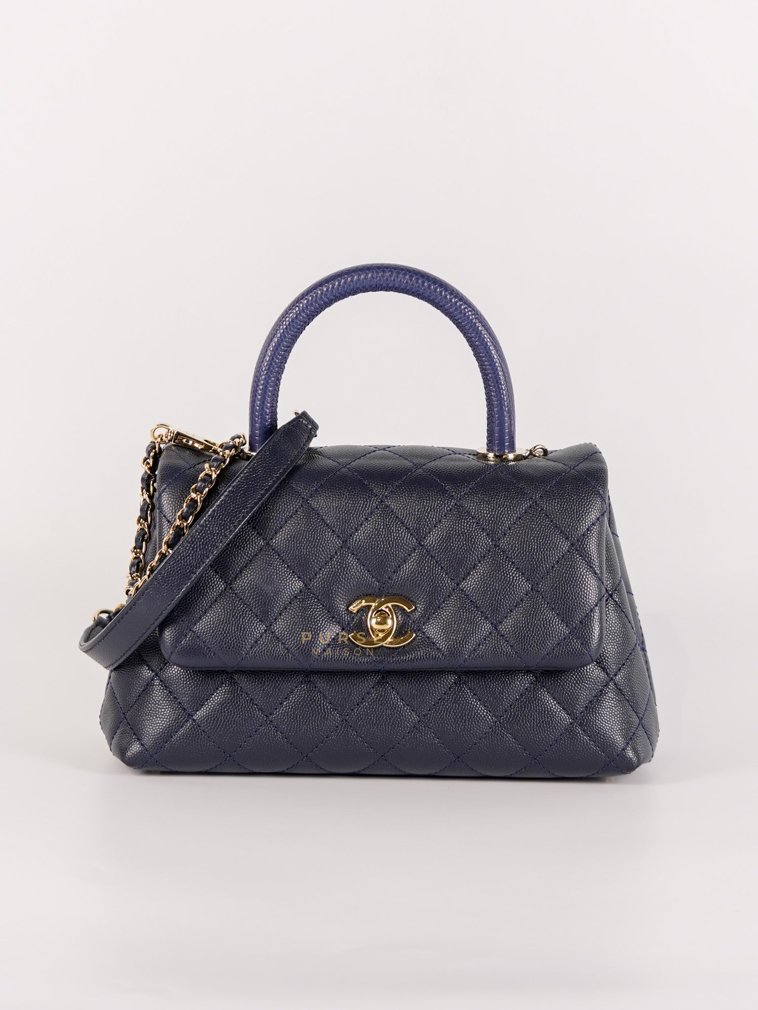 Coco Handle Lizard Small Navy Blue Caviar Leather in Light Gold Hardware (Series 31) | Purse Maison Luxury Bags Shop