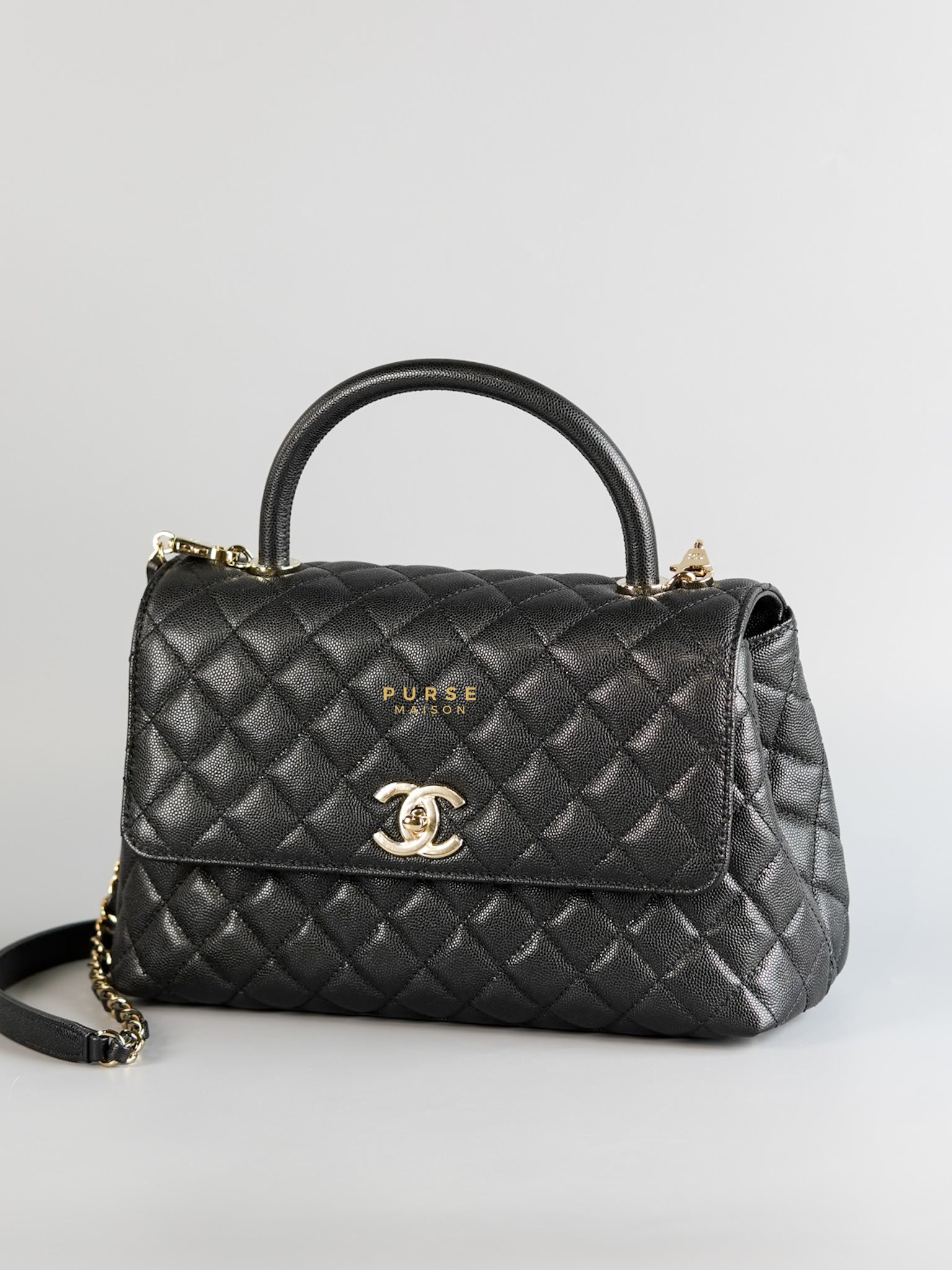 Coco Handle Medium Black Caviar & Light Gold Hardware (Microchip) | Purse Maison Luxury Bags Shop