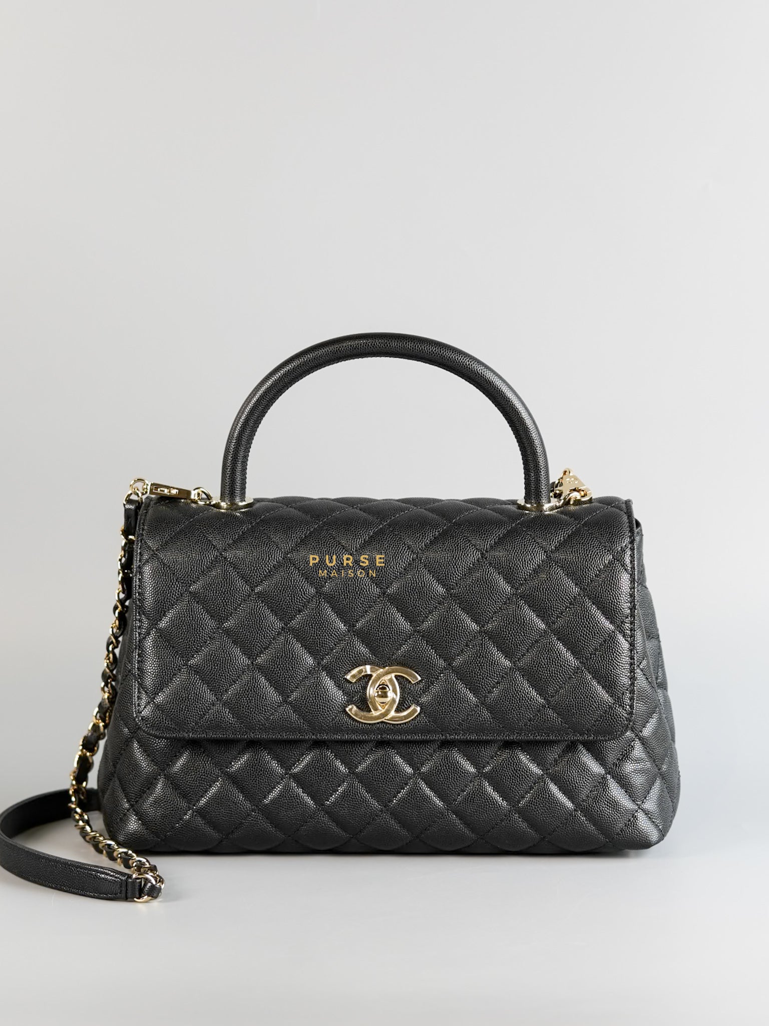 Coco Handle Medium Black Caviar & Light Gold Hardware (Microchip) | Purse Maison Luxury Bags Shop