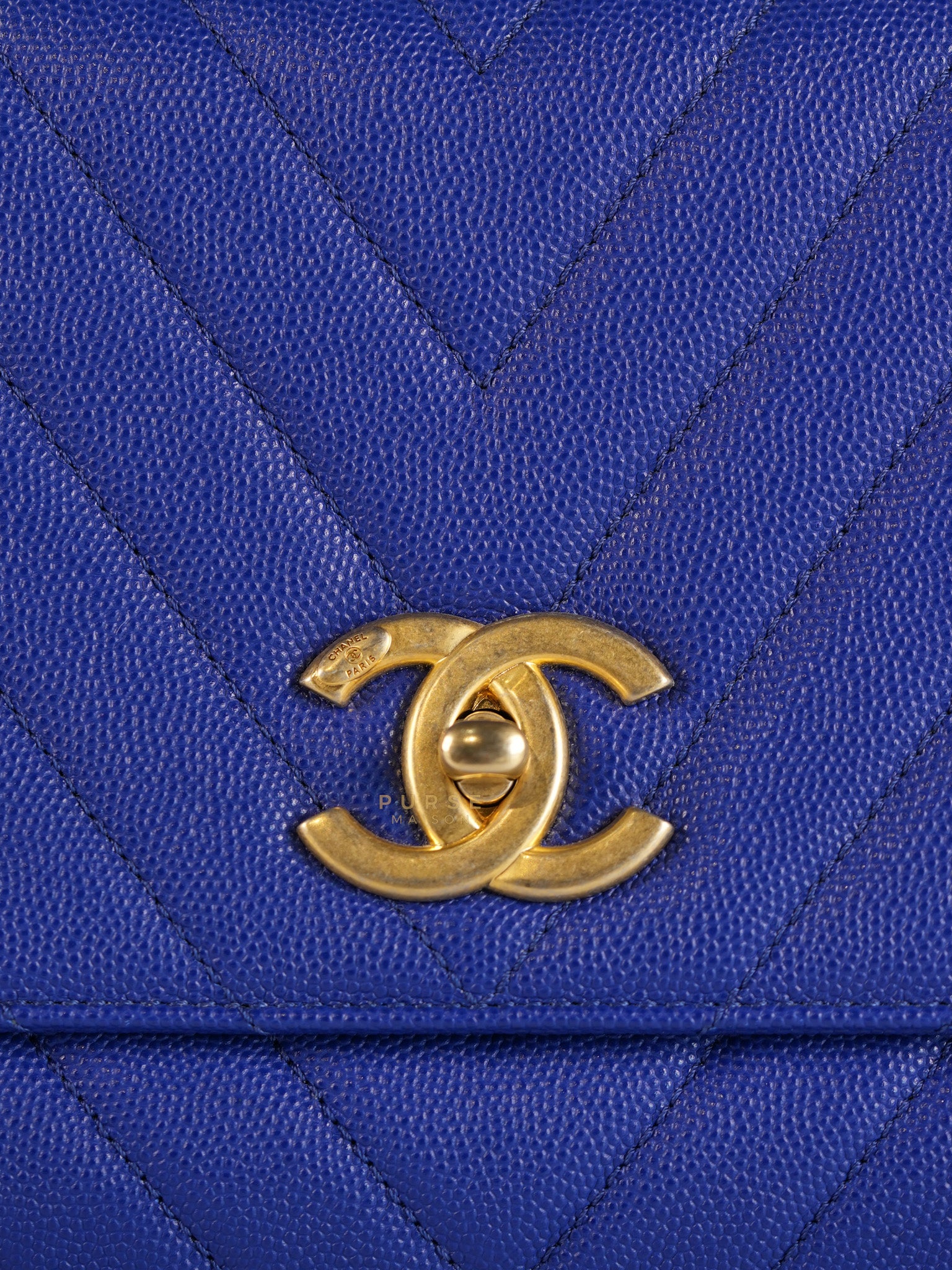Coco Handle Medium Blue Chevron Caviar Leather in Aged Gold Hardware Series 28 | Purse Maison Luxury Bags Shop