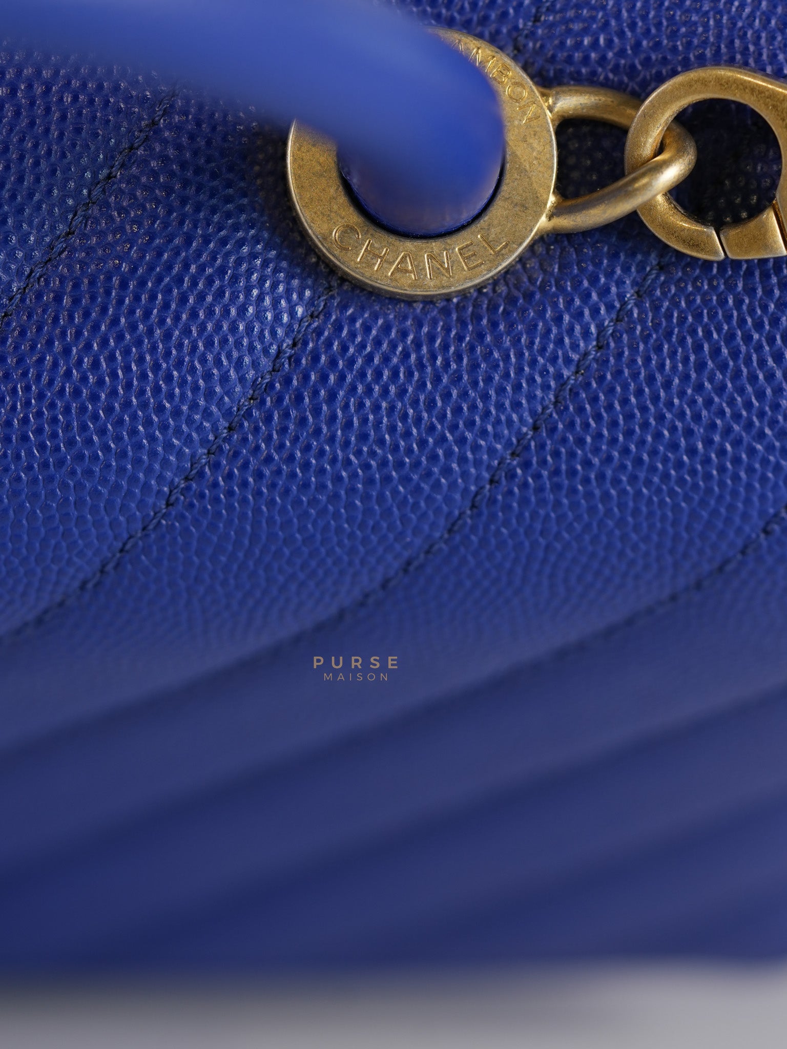 Coco Handle Medium Blue Chevron Caviar Leather in Aged Gold Hardware Series 28 | Purse Maison Luxury Bags Shop