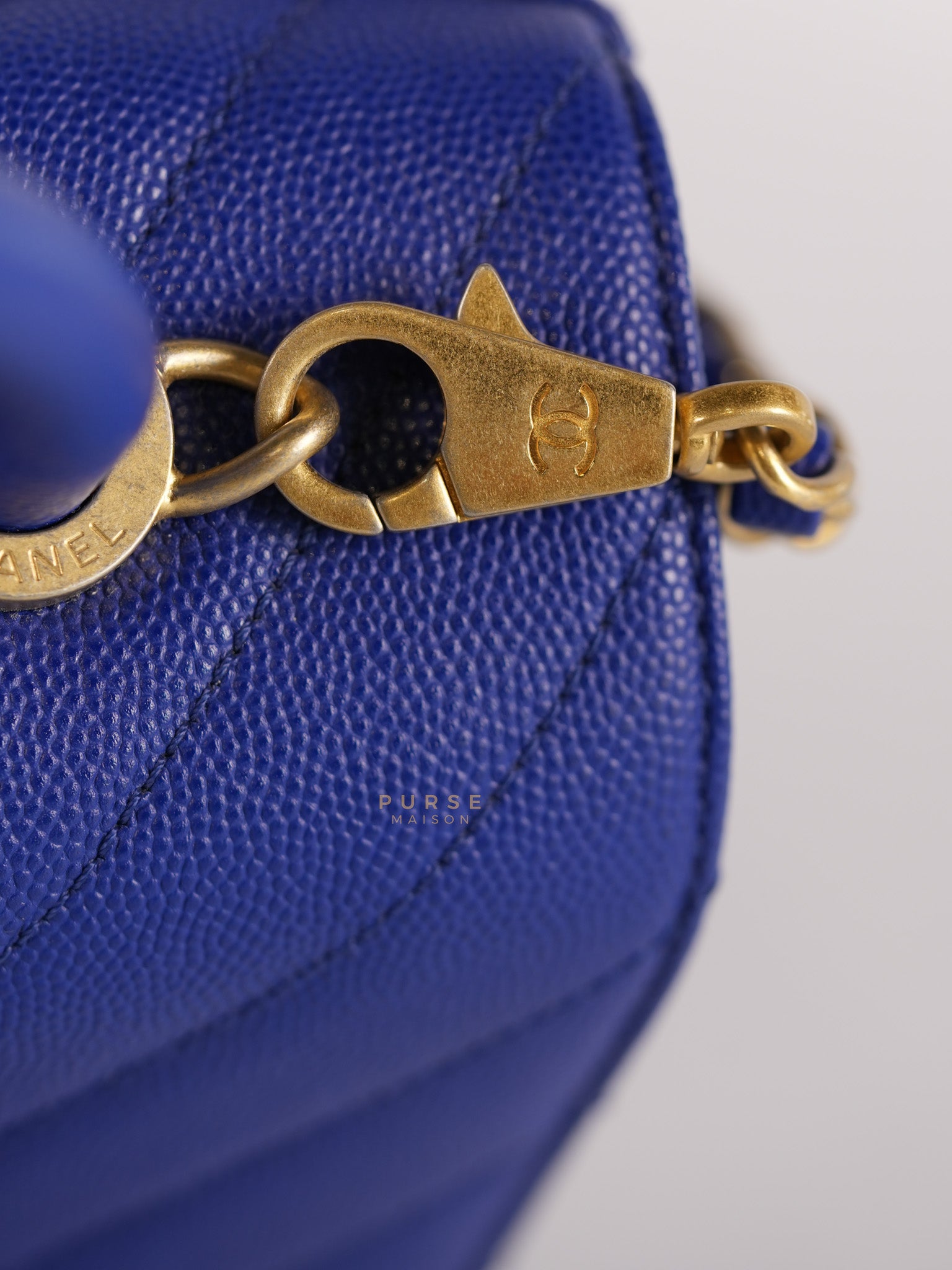 Coco Handle Medium Blue Chevron Caviar Leather in Aged Gold Hardware Series 28 | Purse Maison Luxury Bags Shop
