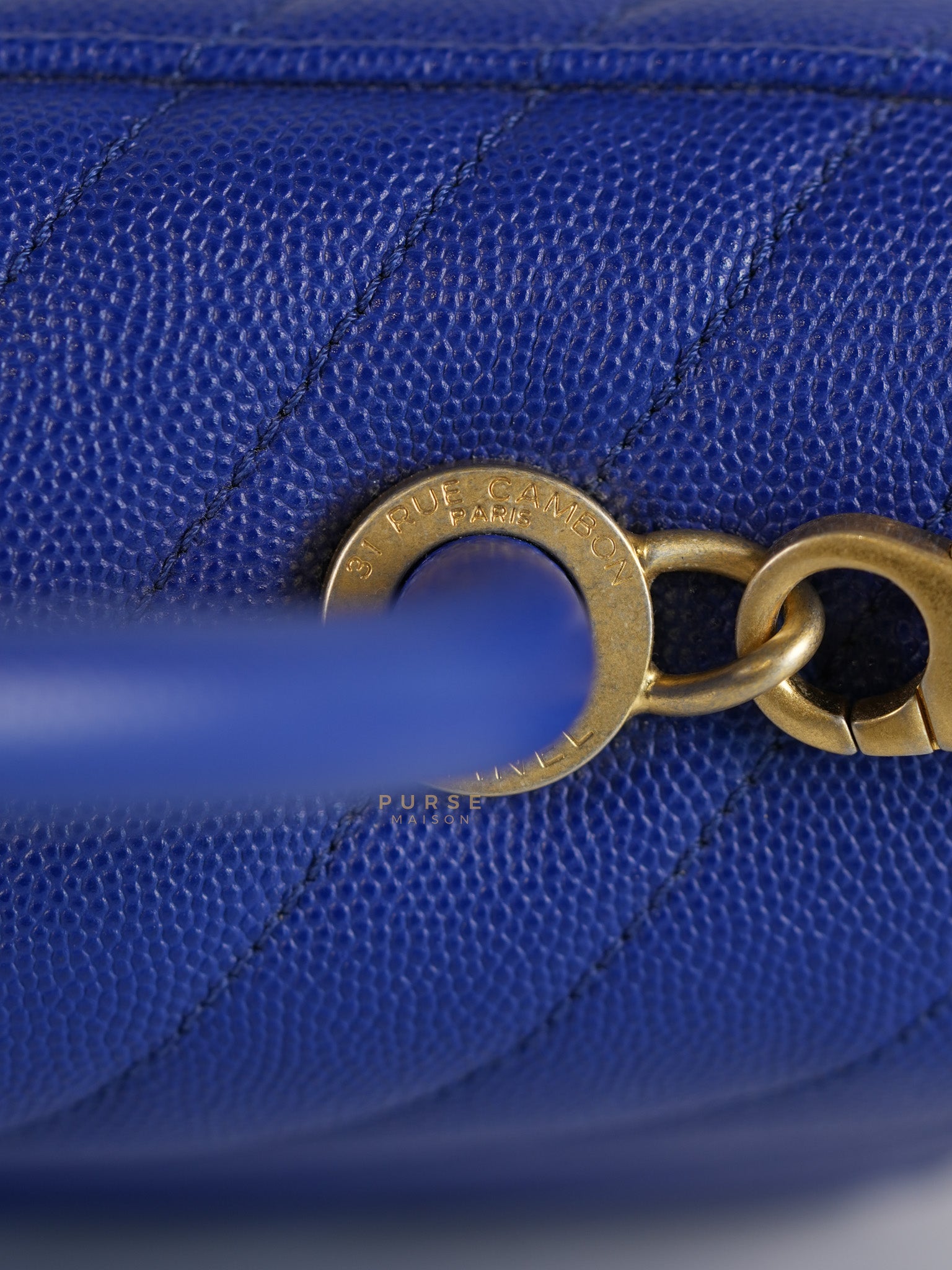 Coco Handle Medium Blue Chevron Caviar Leather in Aged Gold Hardware Series 28 | Purse Maison Luxury Bags Shop