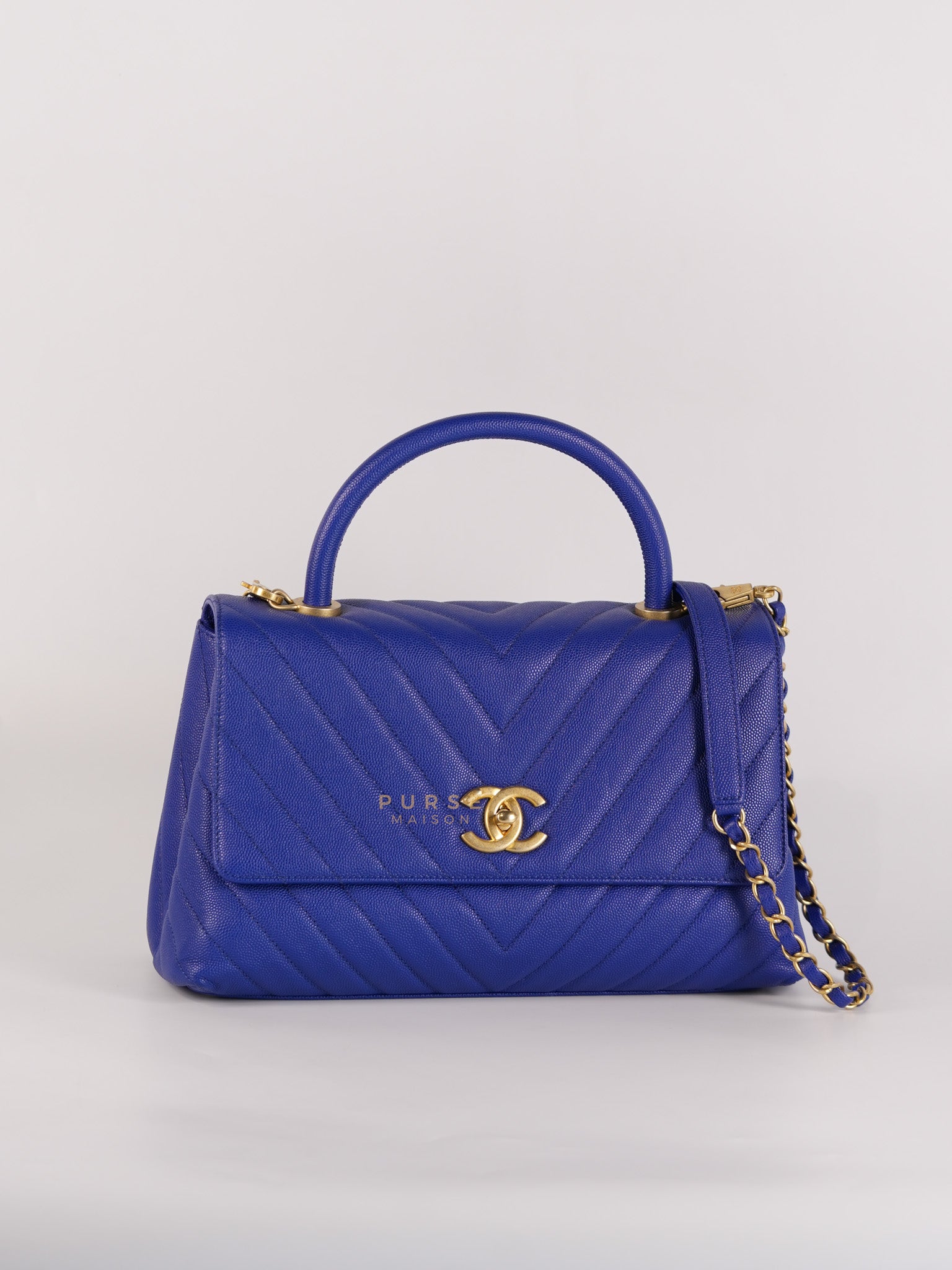 Coco Handle Medium Blue Chevron Caviar Leather in Aged Gold Hardware Series 28 | Purse Maison Luxury Bags Shop