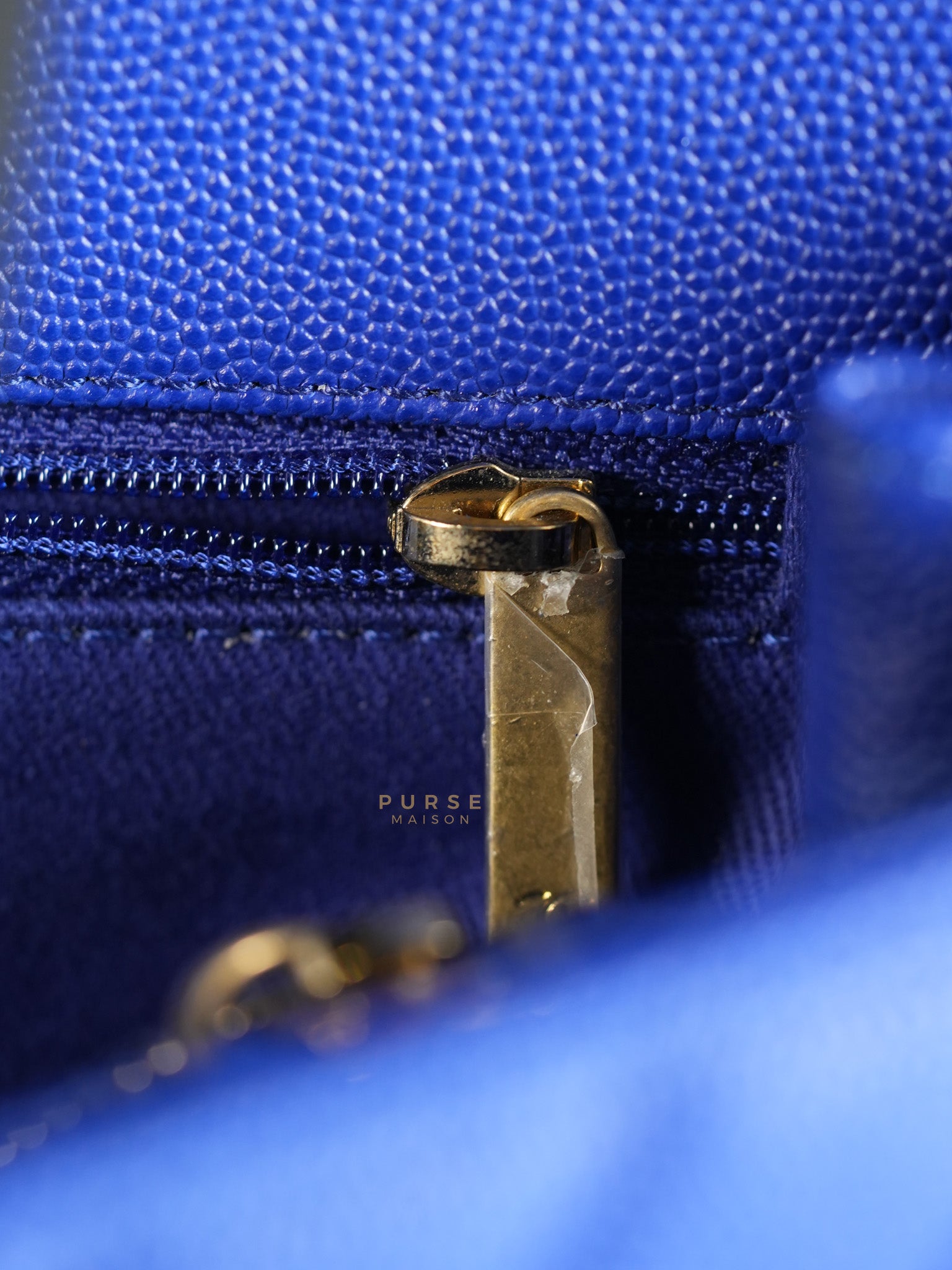 Coco Handle Medium Blue Chevron Caviar Leather in Aged Gold Hardware Series 28 | Purse Maison Luxury Bags Shop