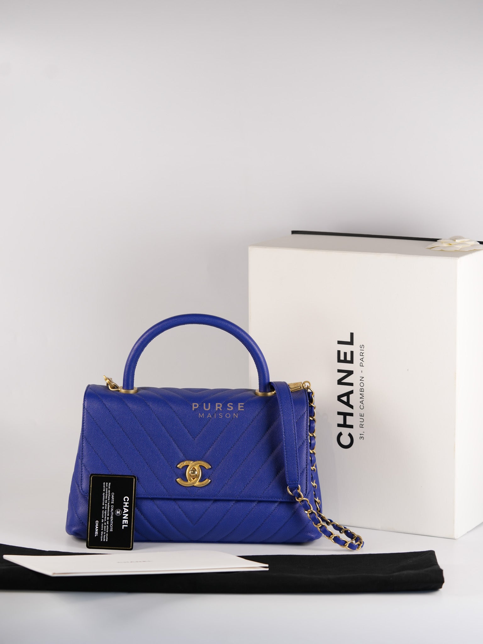 Coco Handle Medium Blue Chevron Caviar Leather in Aged Gold Hardware Series 28 | Purse Maison Luxury Bags Shop