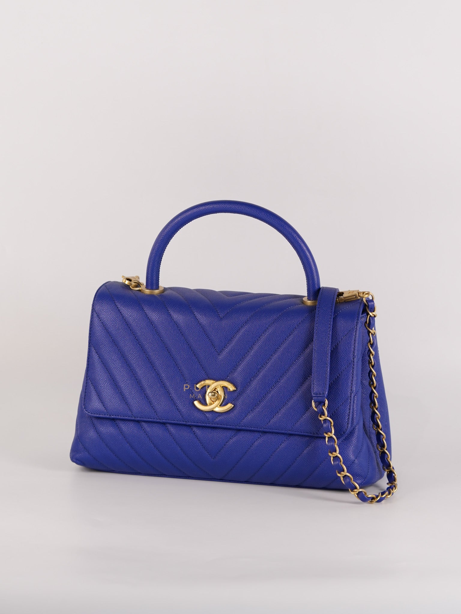 Coco Handle Medium Blue Chevron Caviar Leather in Aged Gold Hardware Series 28 | Purse Maison Luxury Bags Shop