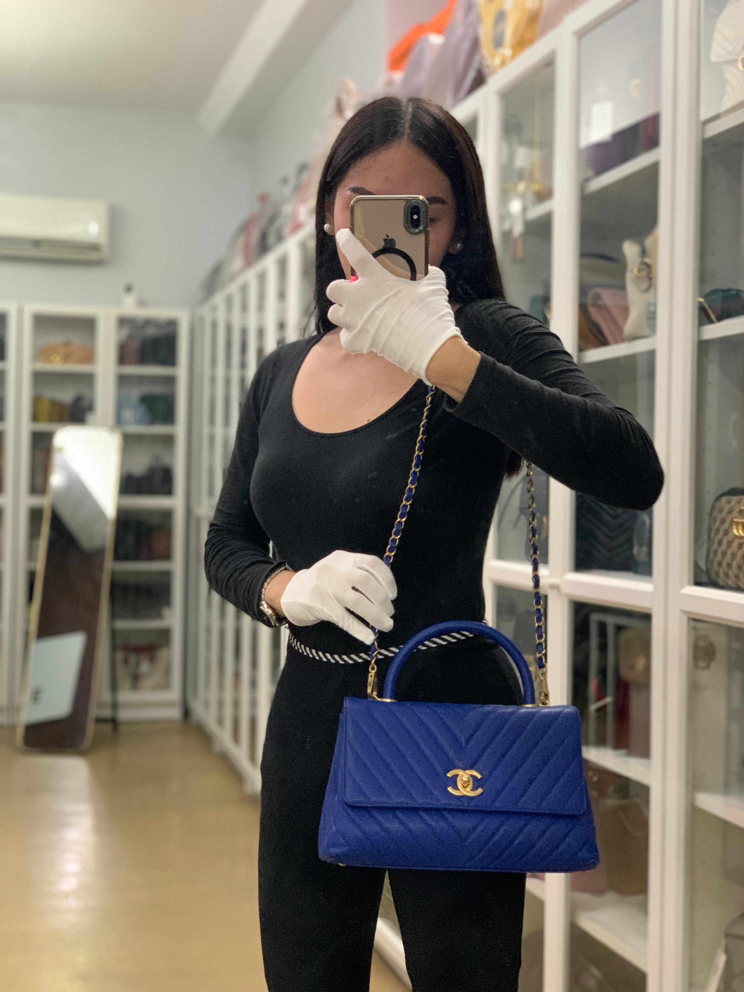 Coco Handle Medium Blue Chevron Caviar Leather in Aged Gold Hardware Series 28 | Purse Maison Luxury Bags Shop