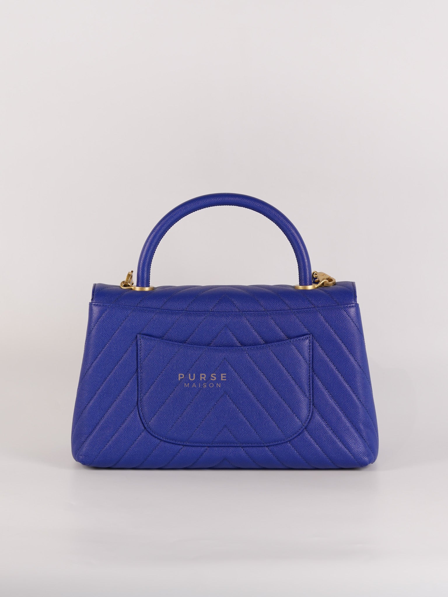 Coco Handle Medium Blue Chevron Caviar Leather in Aged Gold Hardware Series 28 | Purse Maison Luxury Bags Shop