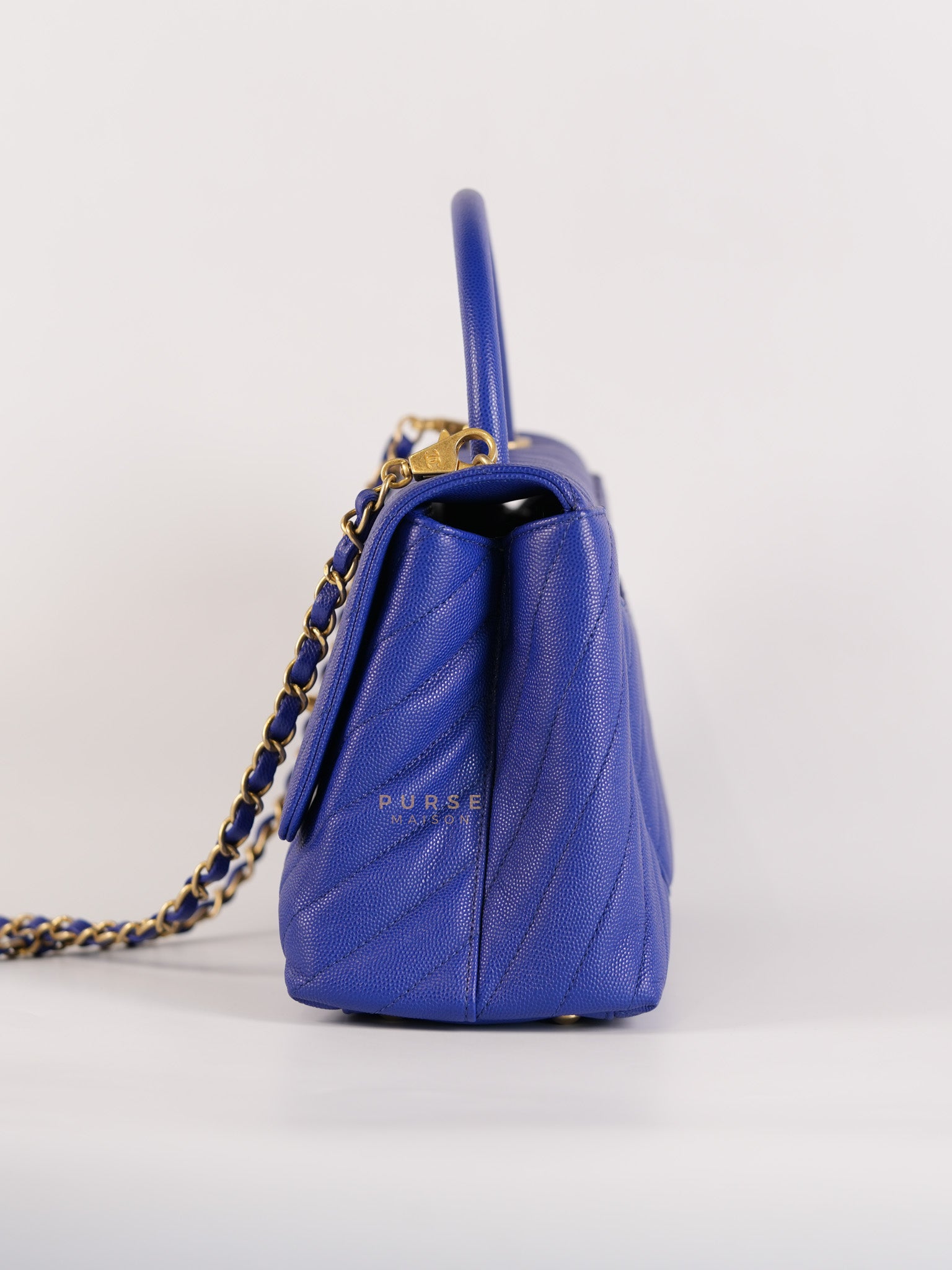 Coco Handle Medium Blue Chevron Caviar Leather in Aged Gold Hardware Series 28 | Purse Maison Luxury Bags Shop