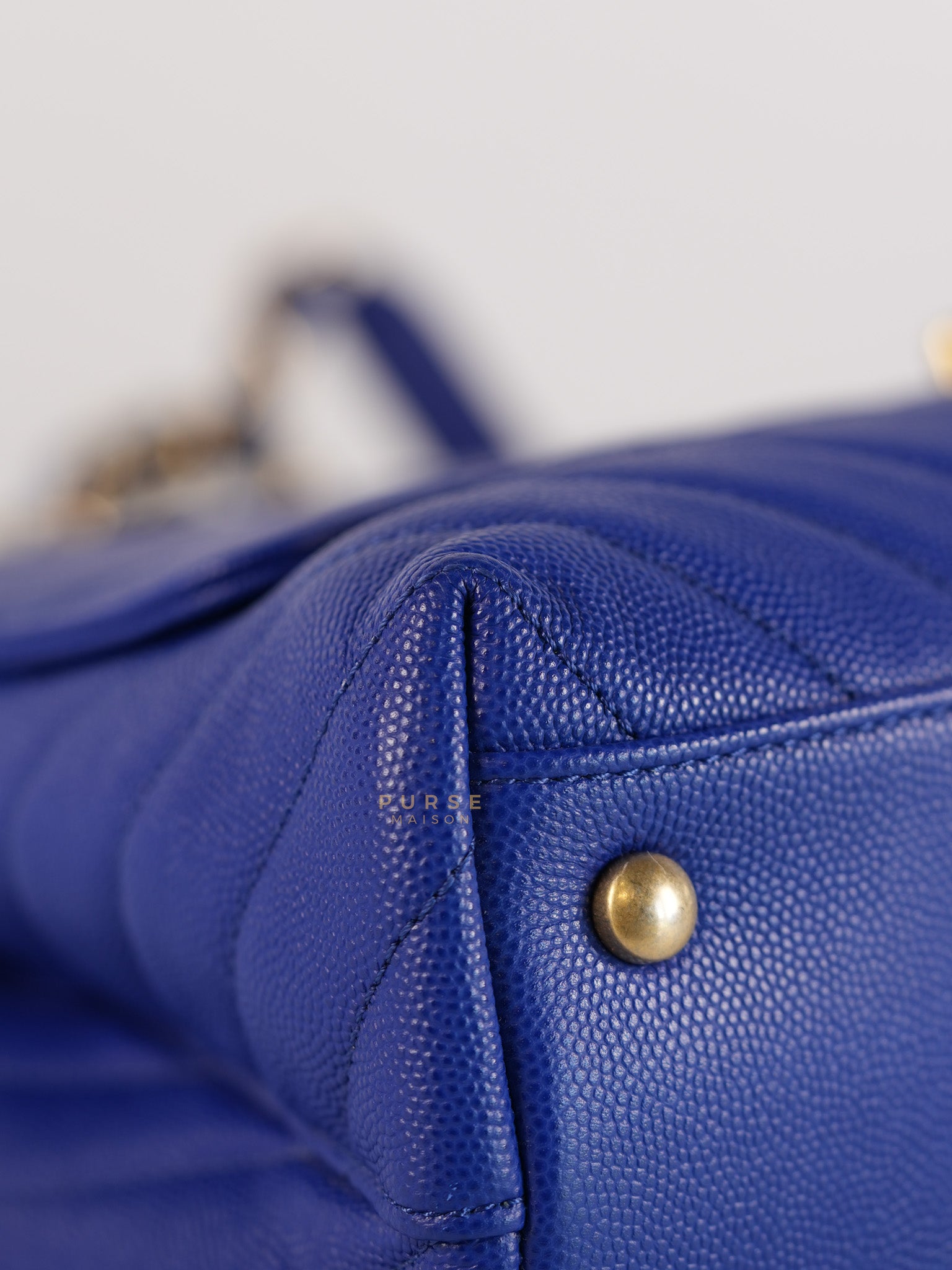 Coco Handle Medium Blue Chevron Caviar Leather in Aged Gold Hardware Series 28 | Purse Maison Luxury Bags Shop