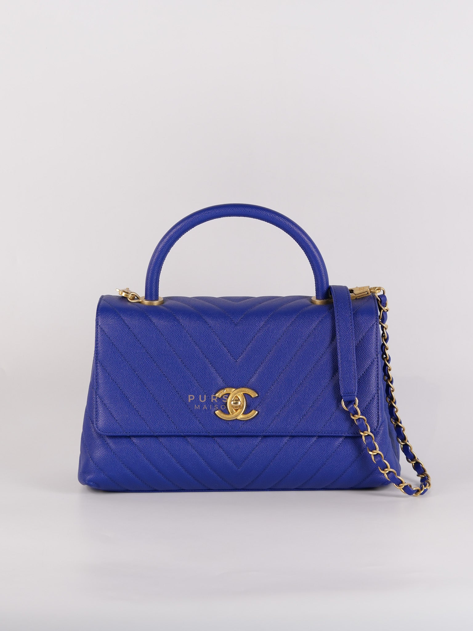 Coco Handle Medium Blue Chevron Caviar Leather in Aged Gold Hardware Series 28 | Purse Maison Luxury Bags Shop