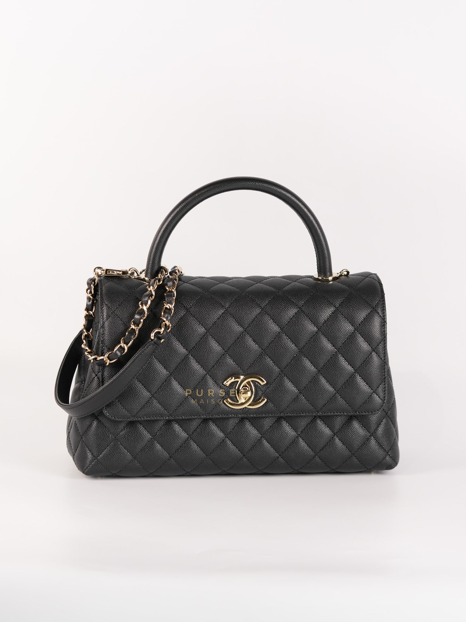Coco Handle Medium In Black Quilted Caviar Leather Gold Hardware Microchip | Purse Maison Luxury Bags Shop