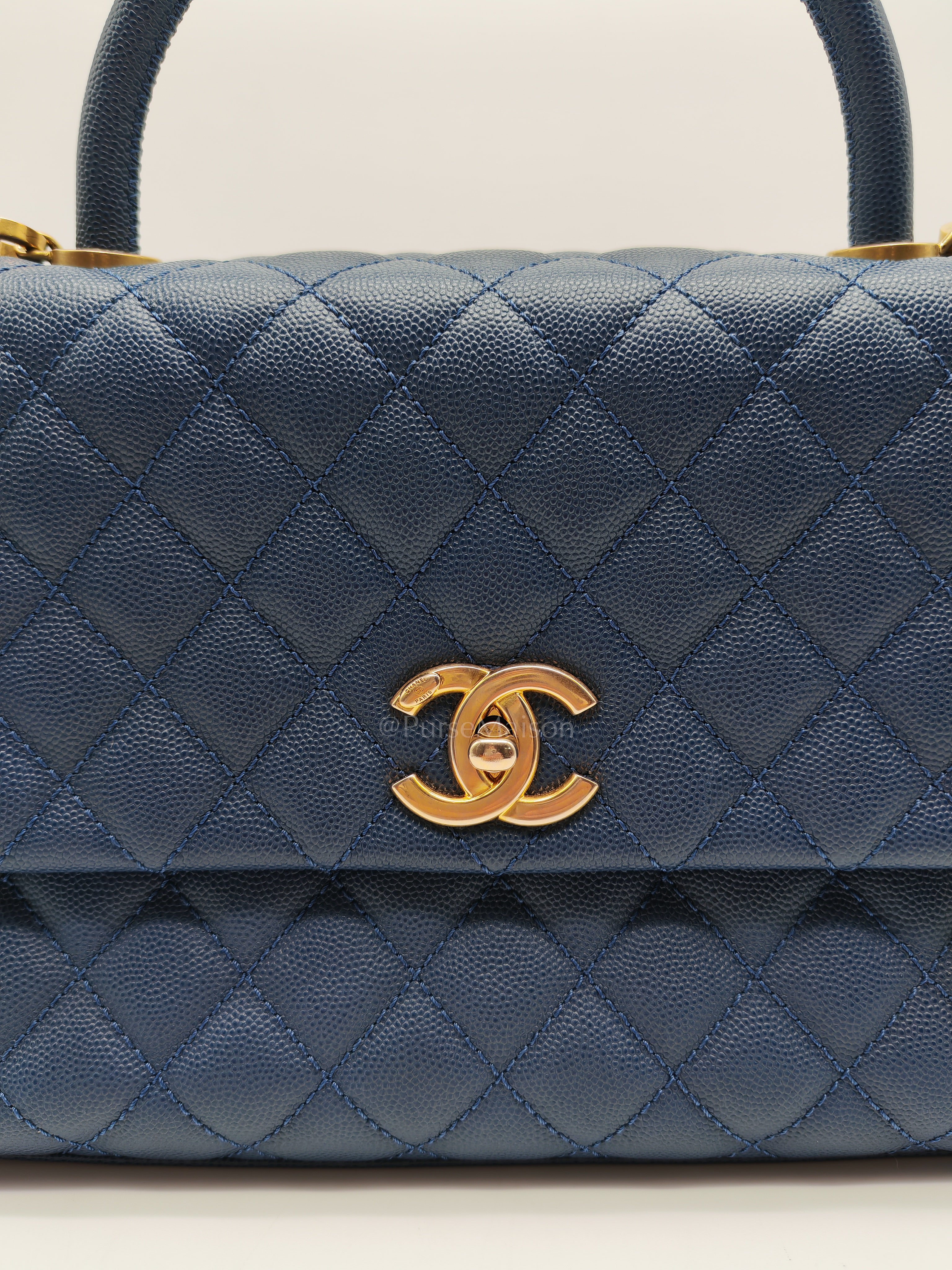 Coco Handle Medium in Blue Quilted Caviar Leather & Aged Gold Hardware Series 24 | Purse Maison Luxury Bags Shop