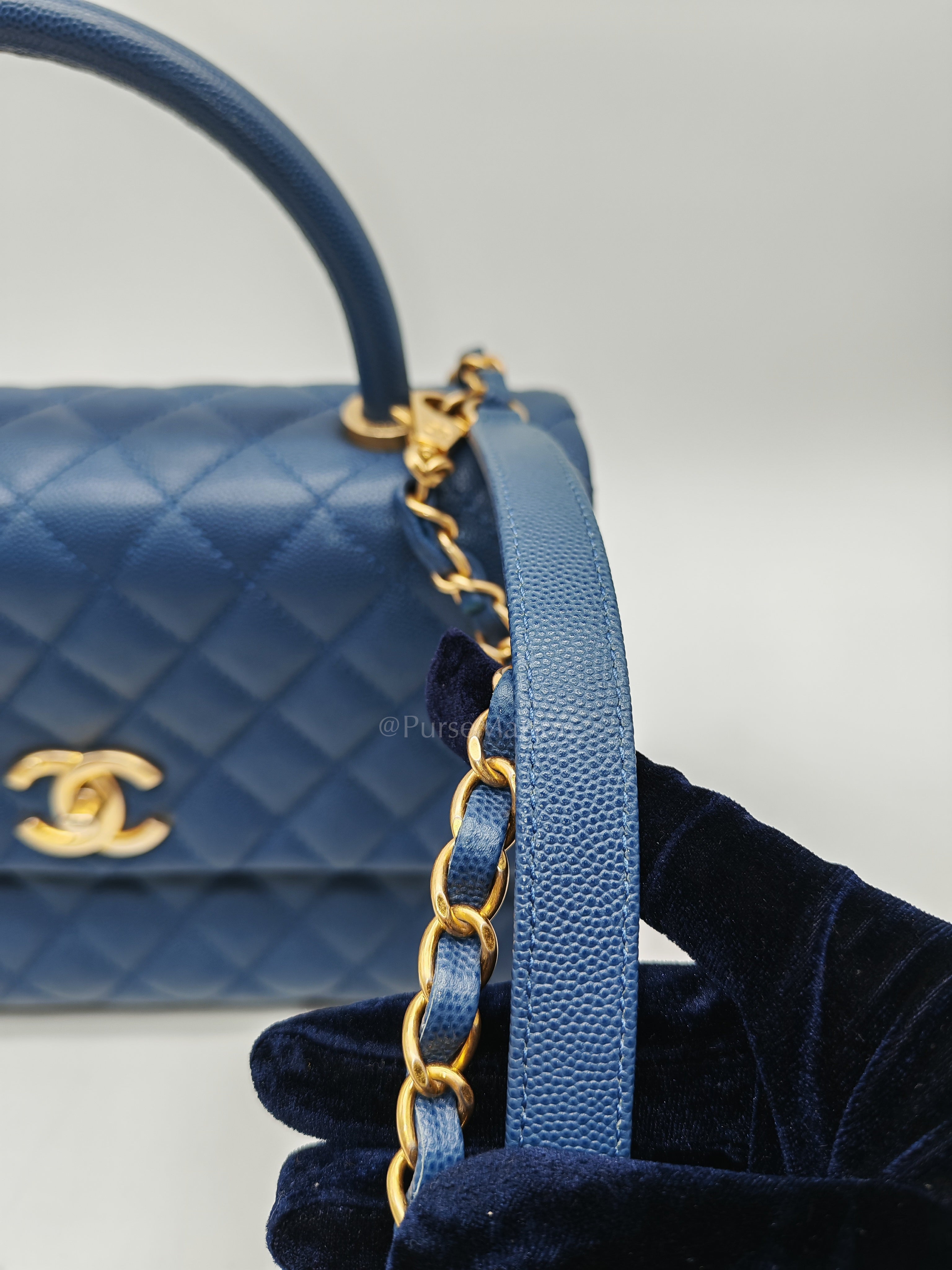 Coco Handle Medium in Blue Quilted Caviar Leather & Aged Gold Hardware Series 24 | Purse Maison Luxury Bags Shop
