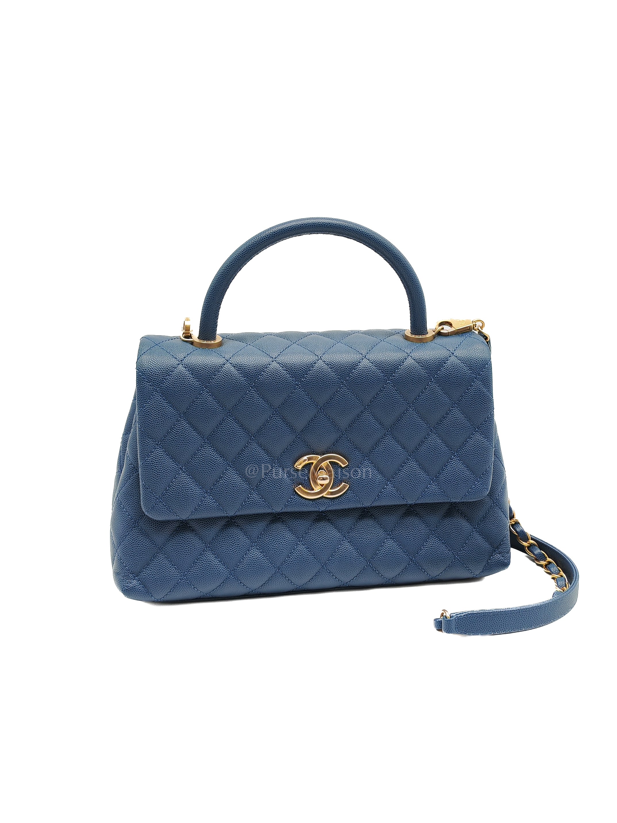 Coco Handle Medium in Blue Quilted Caviar Leather & Aged Gold Hardware Series 24 | Purse Maison Luxury Bags Shop