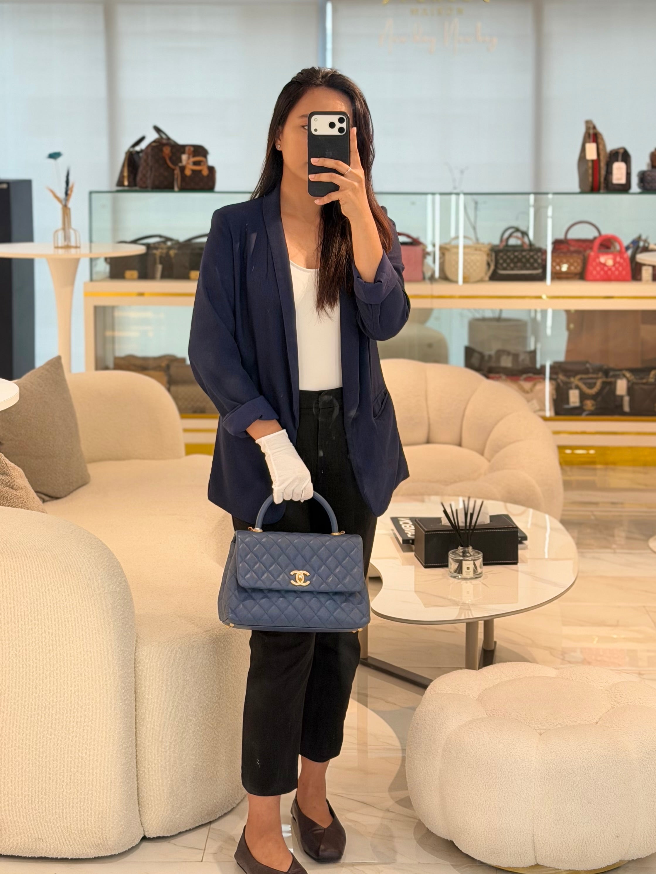 Coco Handle Medium in Blue Quilted Caviar Leather & Aged Gold Hardware Series 24 | Purse Maison Luxury Bags Shop
