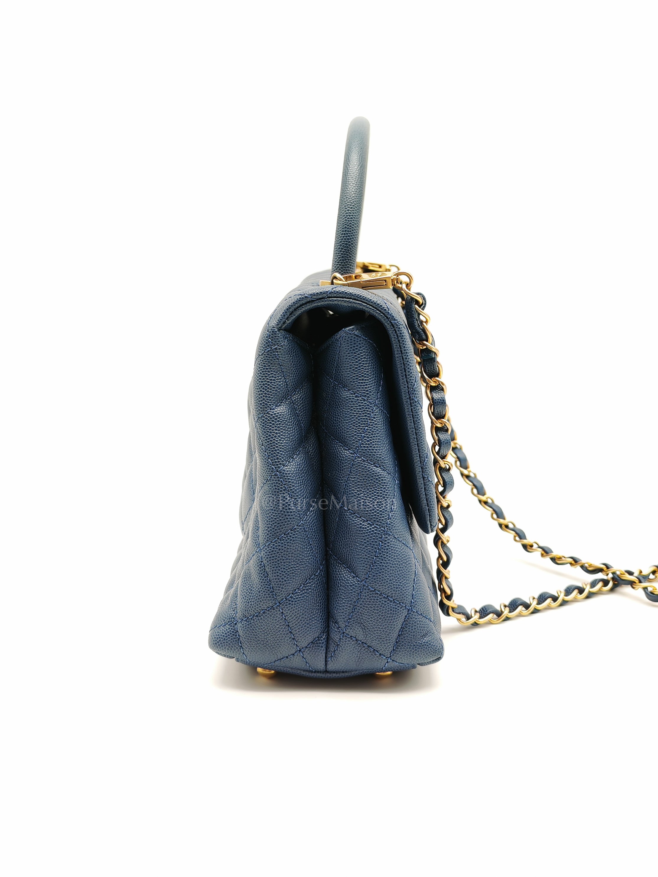 Coco Handle Medium in Blue Quilted Caviar Leather & Aged Gold Hardware Series 24 | Purse Maison Luxury Bags Shop