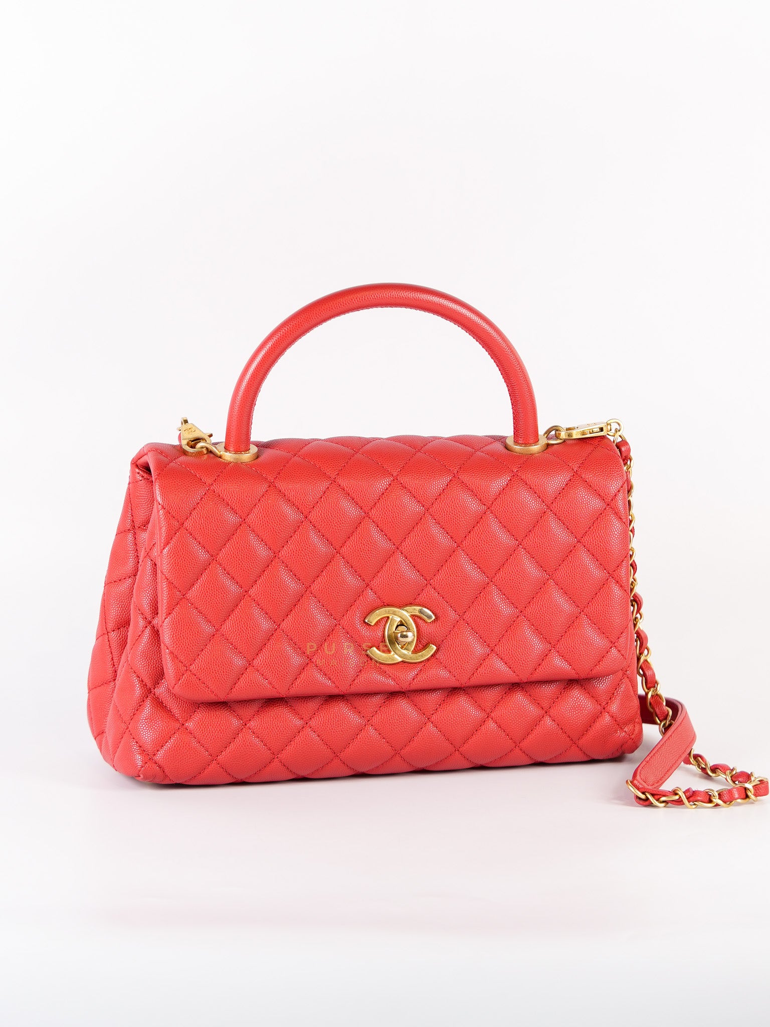 Coco Handle Medium in Red Quilted Caviar Leather Aged Gold Hardware (Series 27) | Purse Maison Luxury Bags Shop