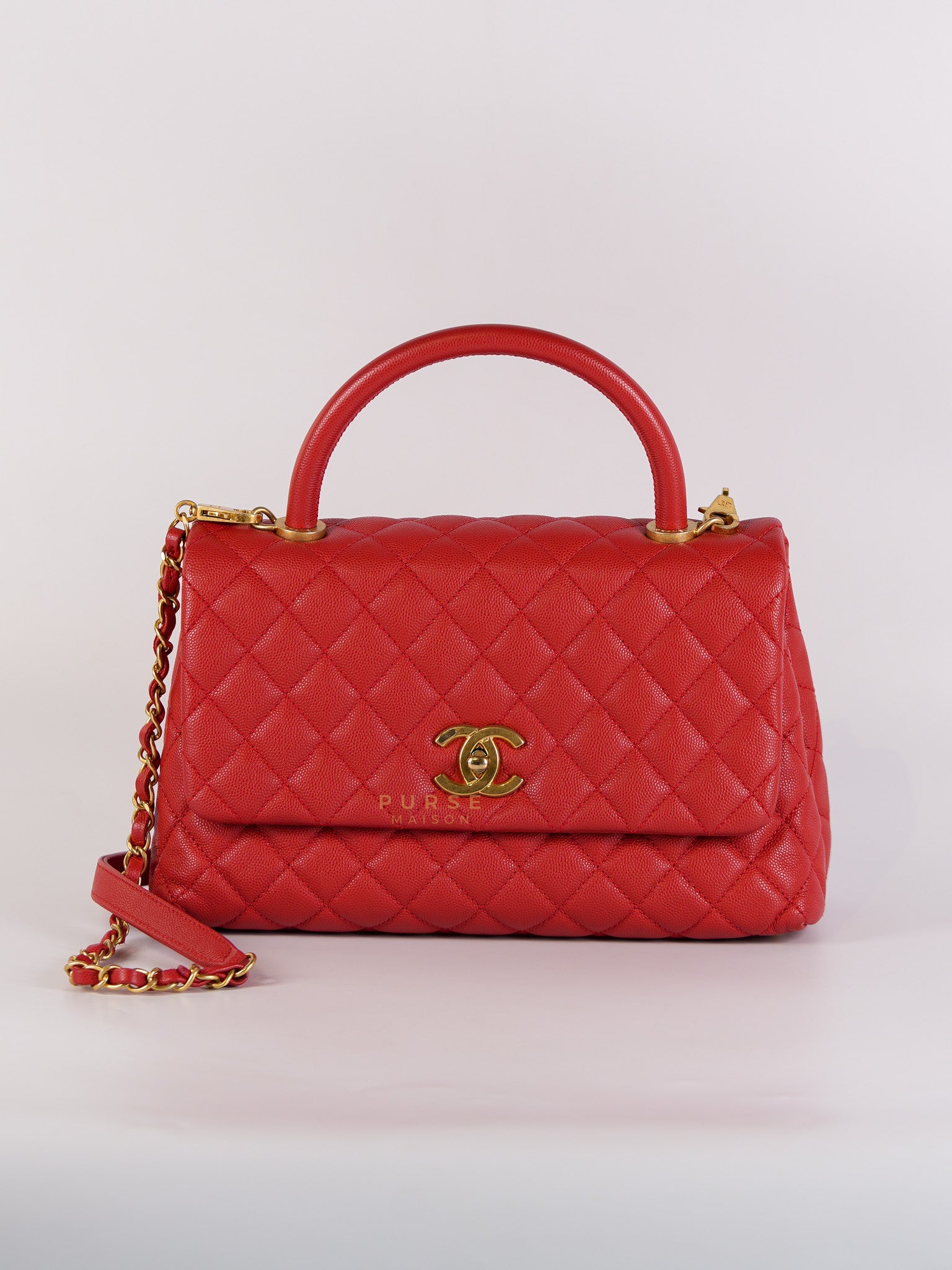 Coco Handle Medium in Red Quilted Caviar Leather Aged Gold Hardware (Series 27) | Purse Maison Luxury Bags Shop