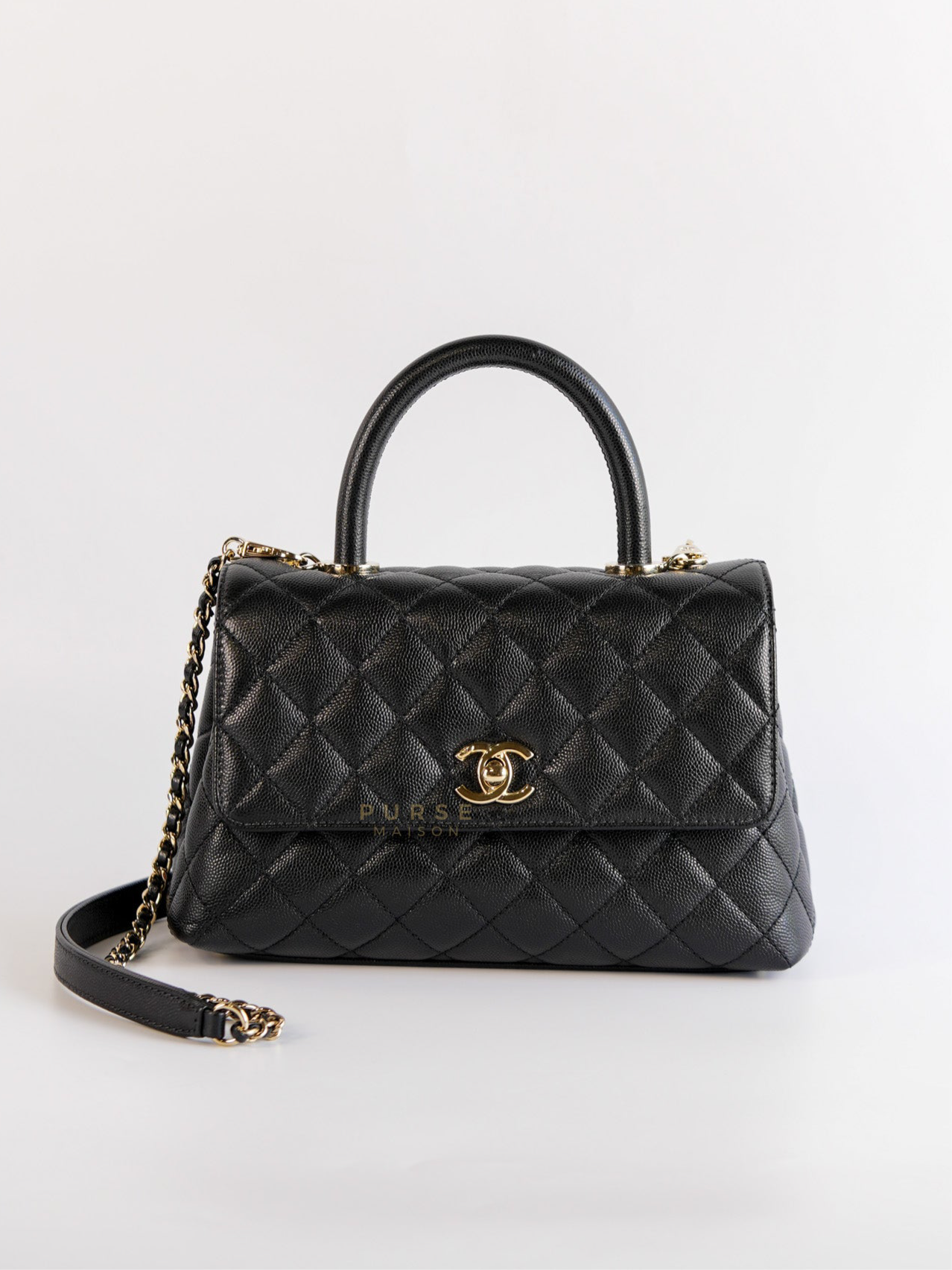 Coco Handle Mini in Black Caviar Quilted Leather and Light Gold Hardware (Microchip) | Purse Maison Luxury Bags Shop