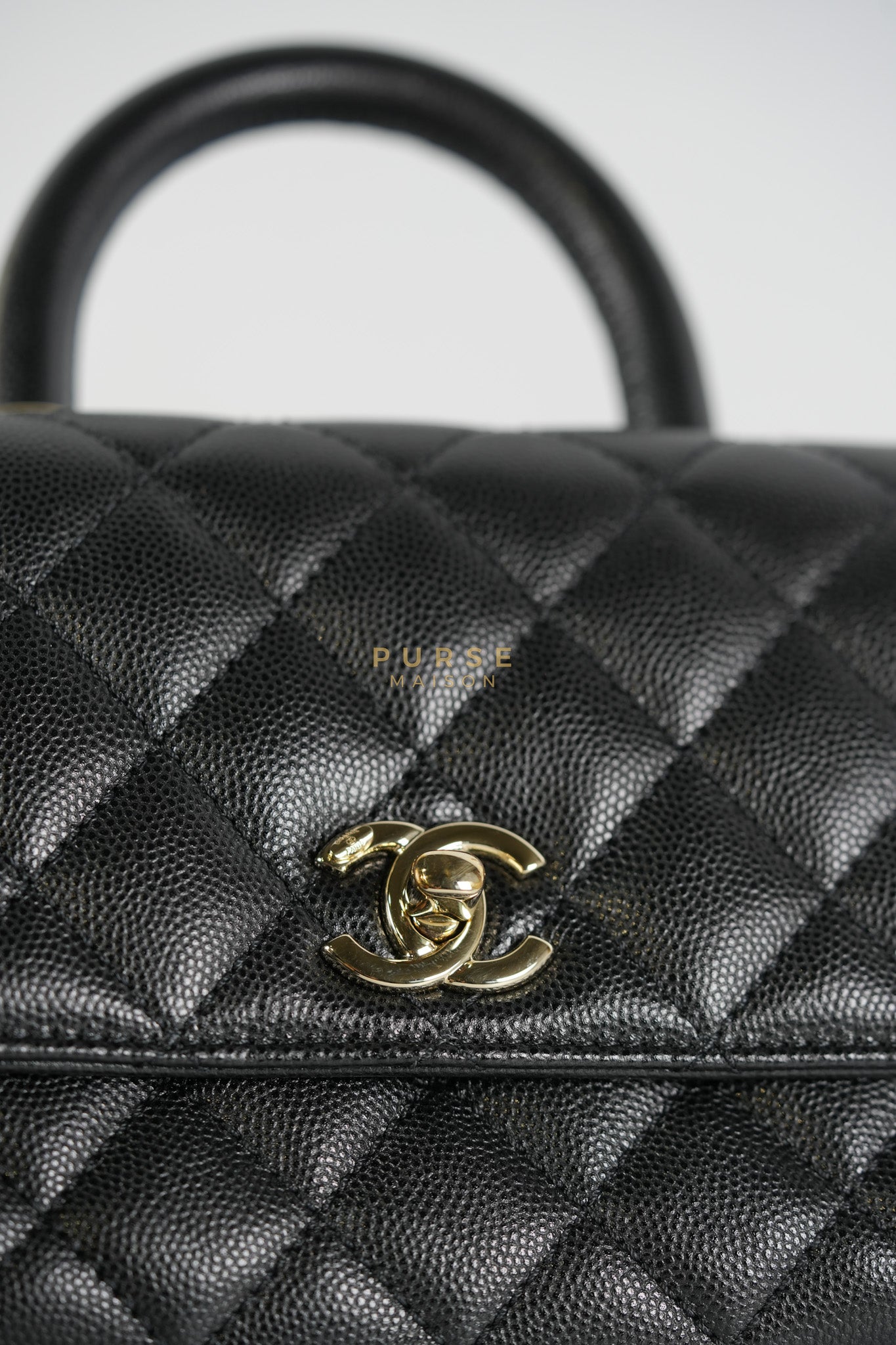 Coco Handle Mini in Black Quilted Caviar Leather in Light Gold Hardware (Microchip) | Purse Maison Luxury Bags Shop