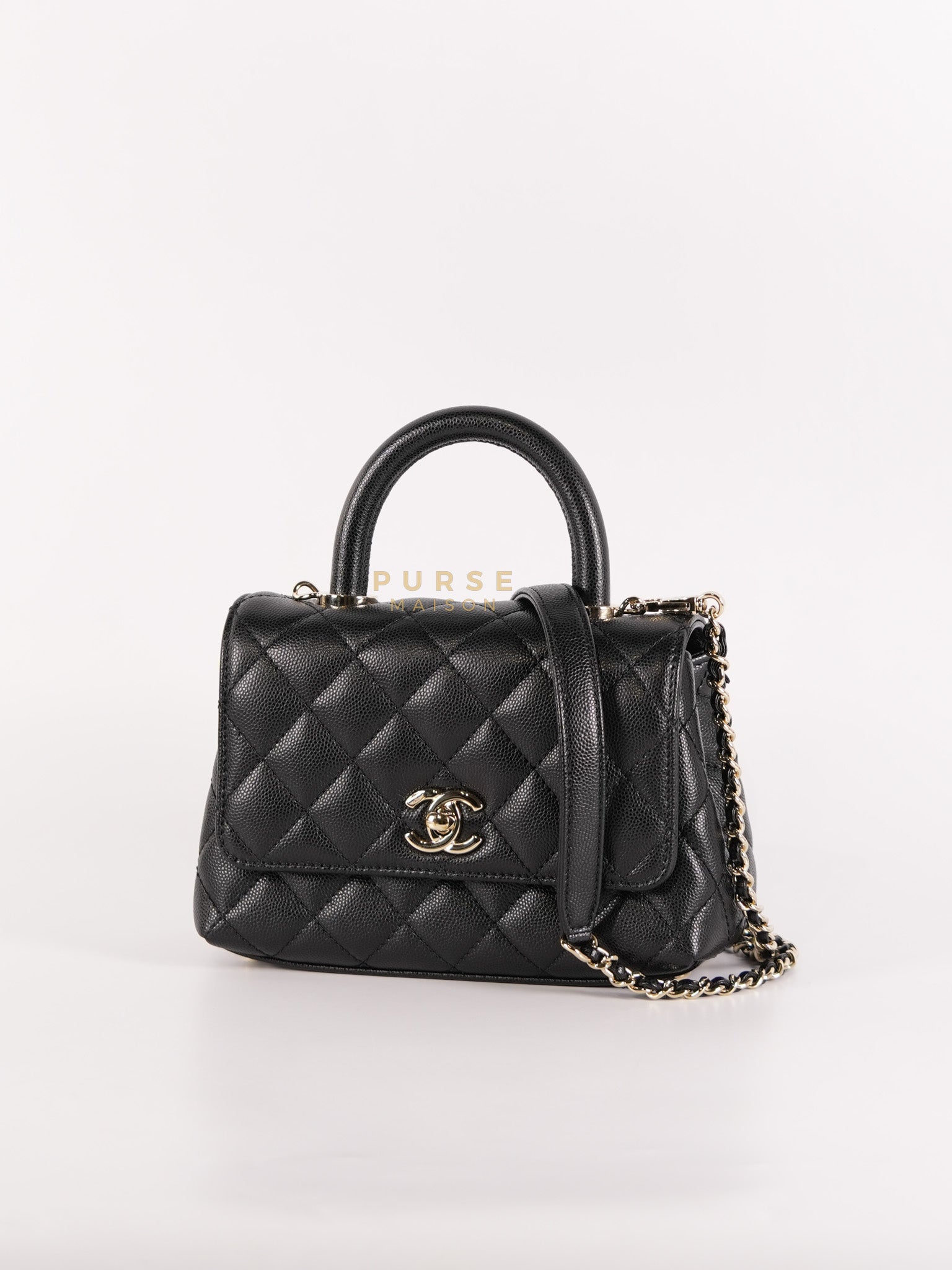 Coco Handle Mini in Black Quilted Caviar Leather in Light Gold Hardware (Microchip) | Purse Maison Luxury Bags Shop
