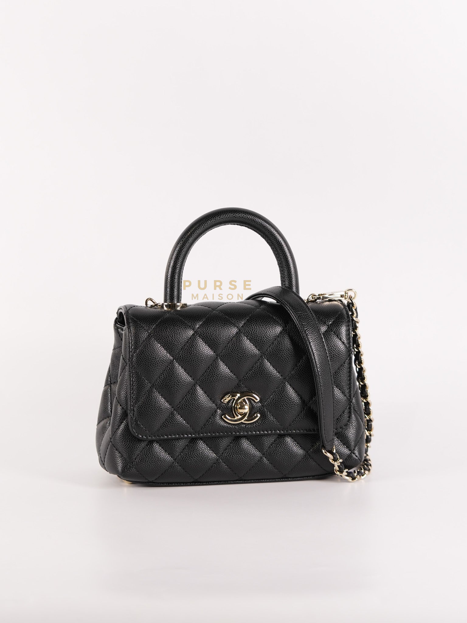 Coco Handle Mini in Black Quilted Caviar Leather in Light Gold Hardware (Microchip) | Purse Maison Luxury Bags Shop