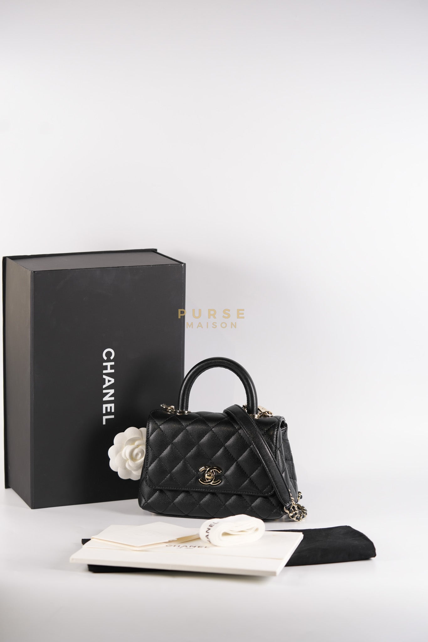 Coco Handle Mini in Black Quilted Caviar Leather in Light Gold Hardware (Microchip) | Purse Maison Luxury Bags Shop
