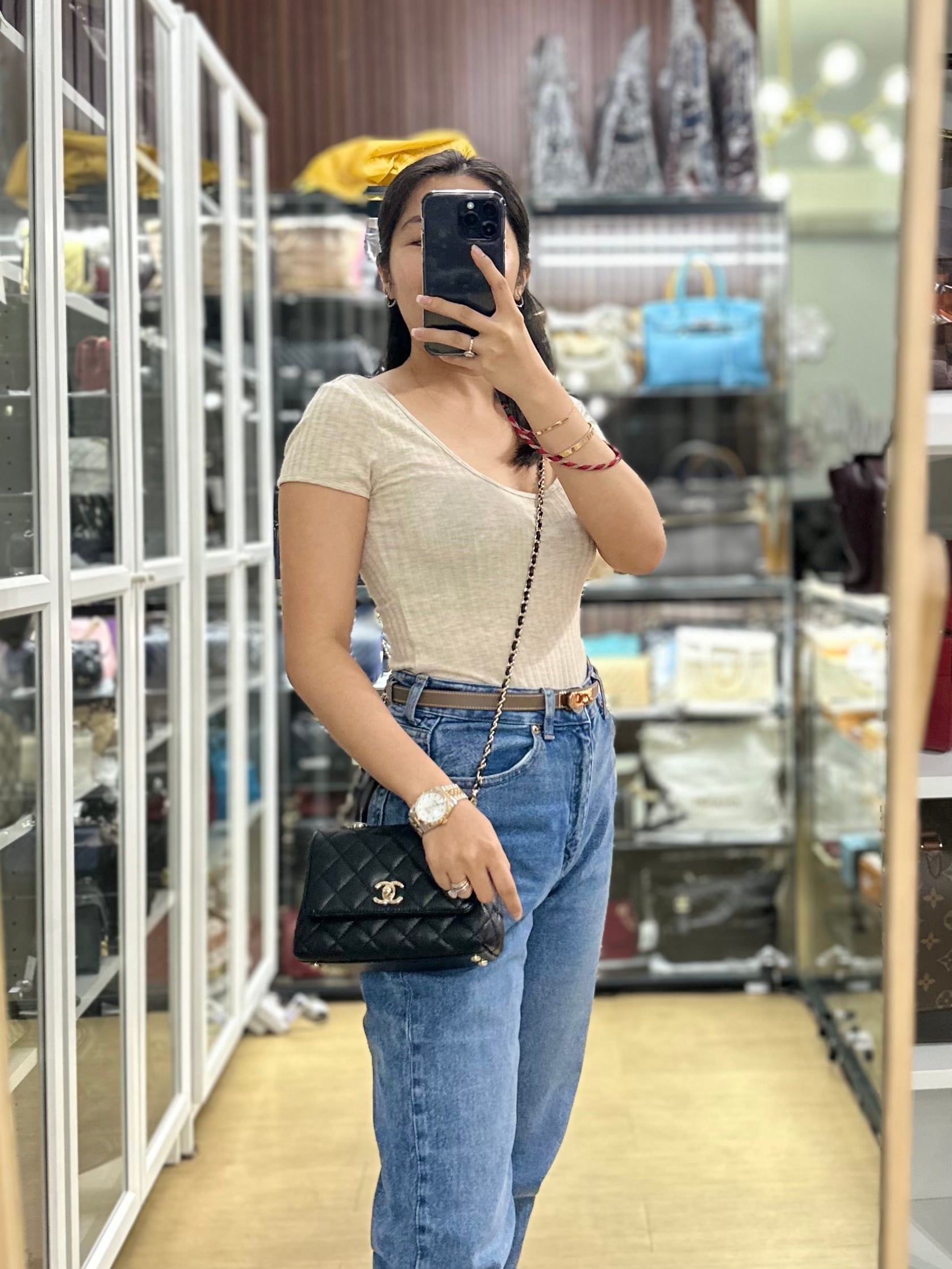 Chanel Mini Coco Handle Black Caviar Leather Light Gold Hardware (Microchip) | Purse Maison Luxury Bags Shop