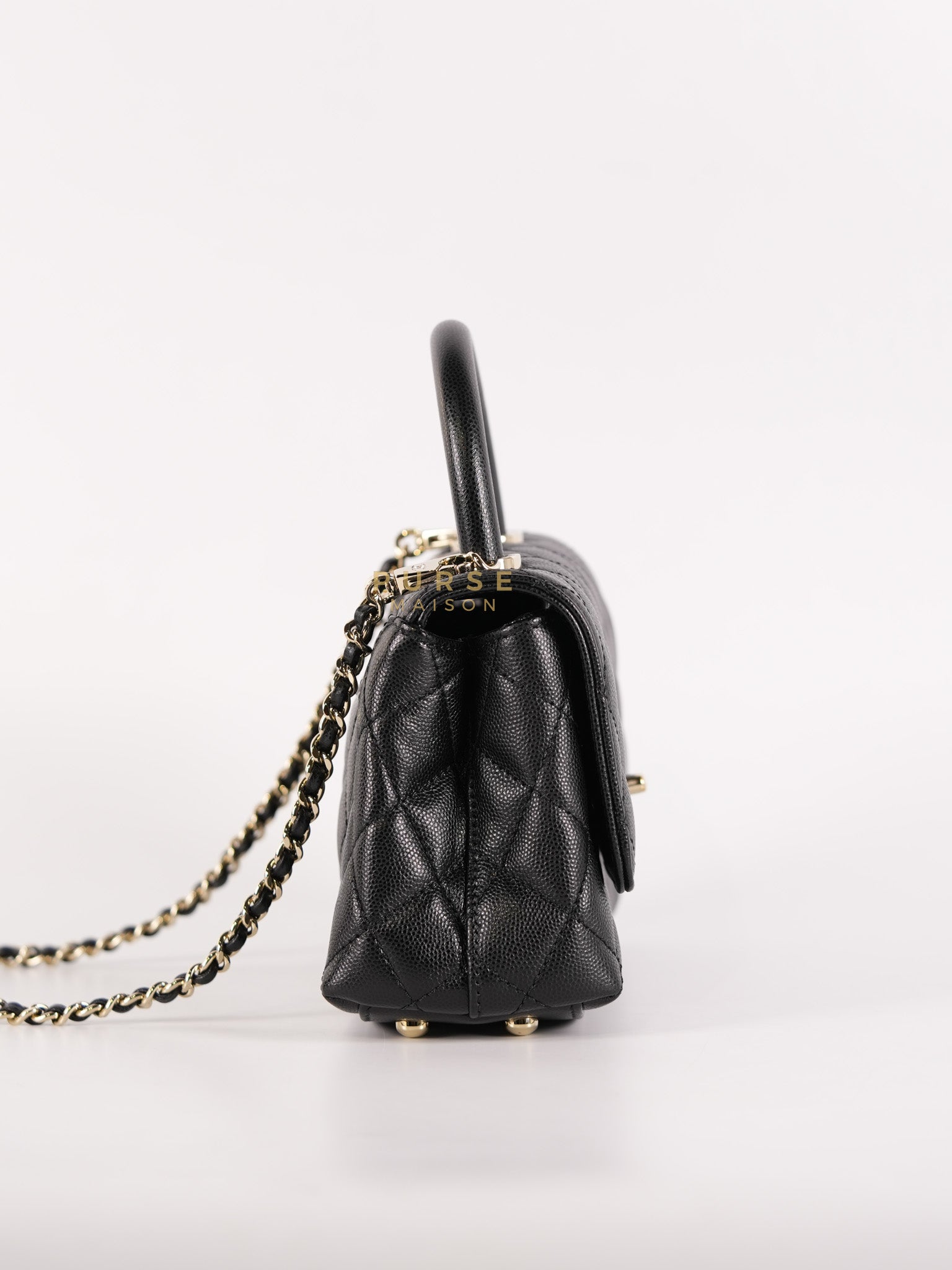 Coco Handle Mini in Black Quilted Caviar Leather in Light Gold Hardware (Microchip) | Purse Maison Luxury Bags Shop