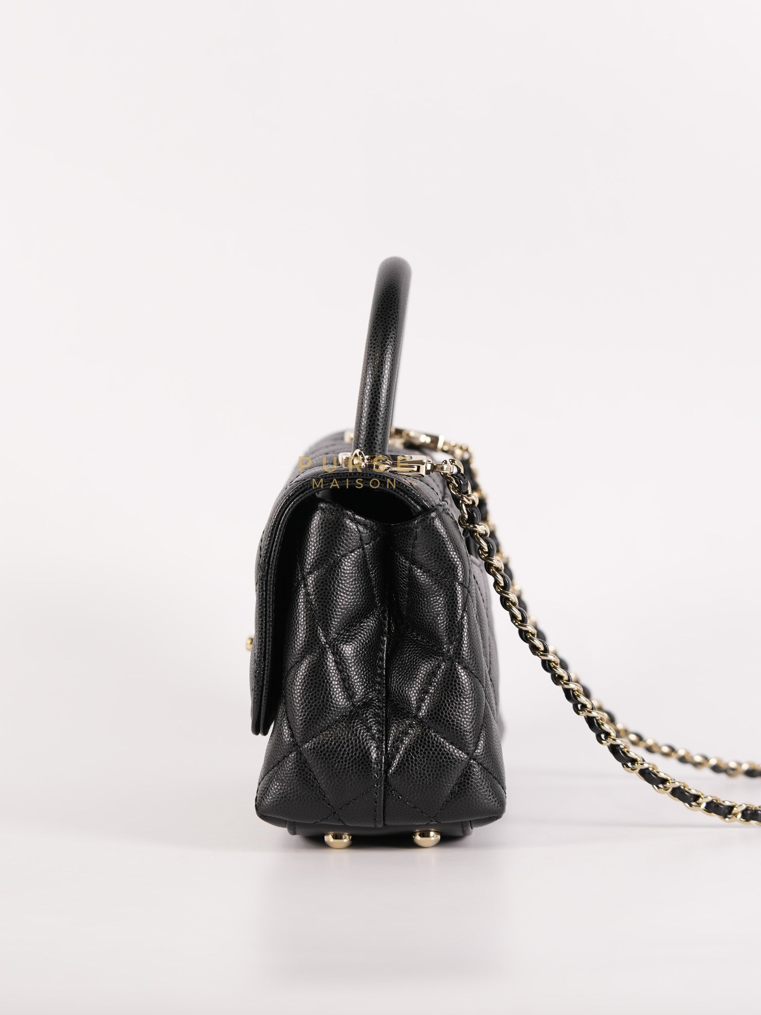 Coco Handle Mini in Black Quilted Caviar Leather in Light Gold Hardware (Microchip) | Purse Maison Luxury Bags Shop