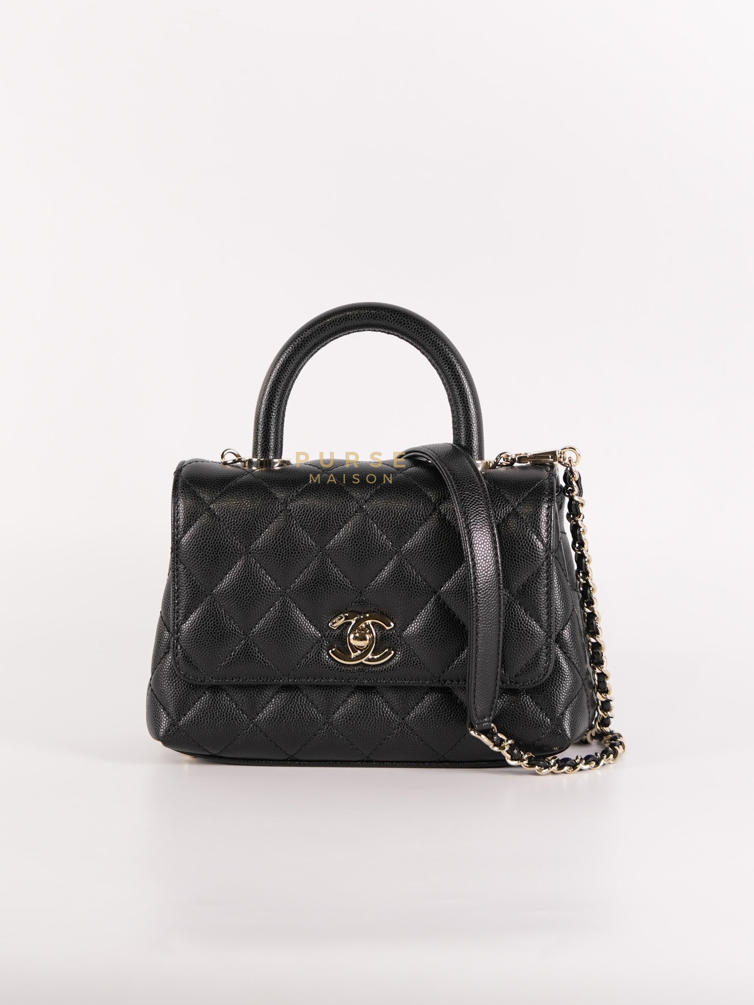 Coco Handle Mini in Black Quilted Caviar Leather in Light Gold Hardware (Microchip) | Purse Maison Luxury Bags Shop