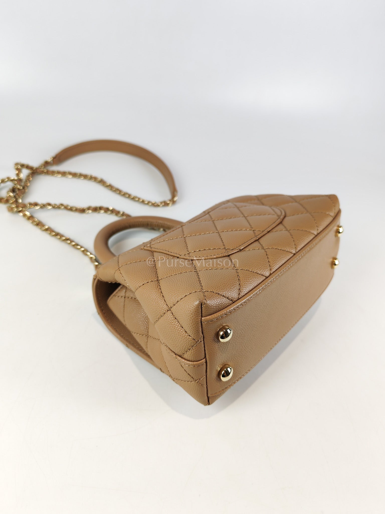 Coco Handle Mini in Dark Beige Caviar Leather Light Gold Hardware(Microchip) | Purse Maison Luxury Bags Shop