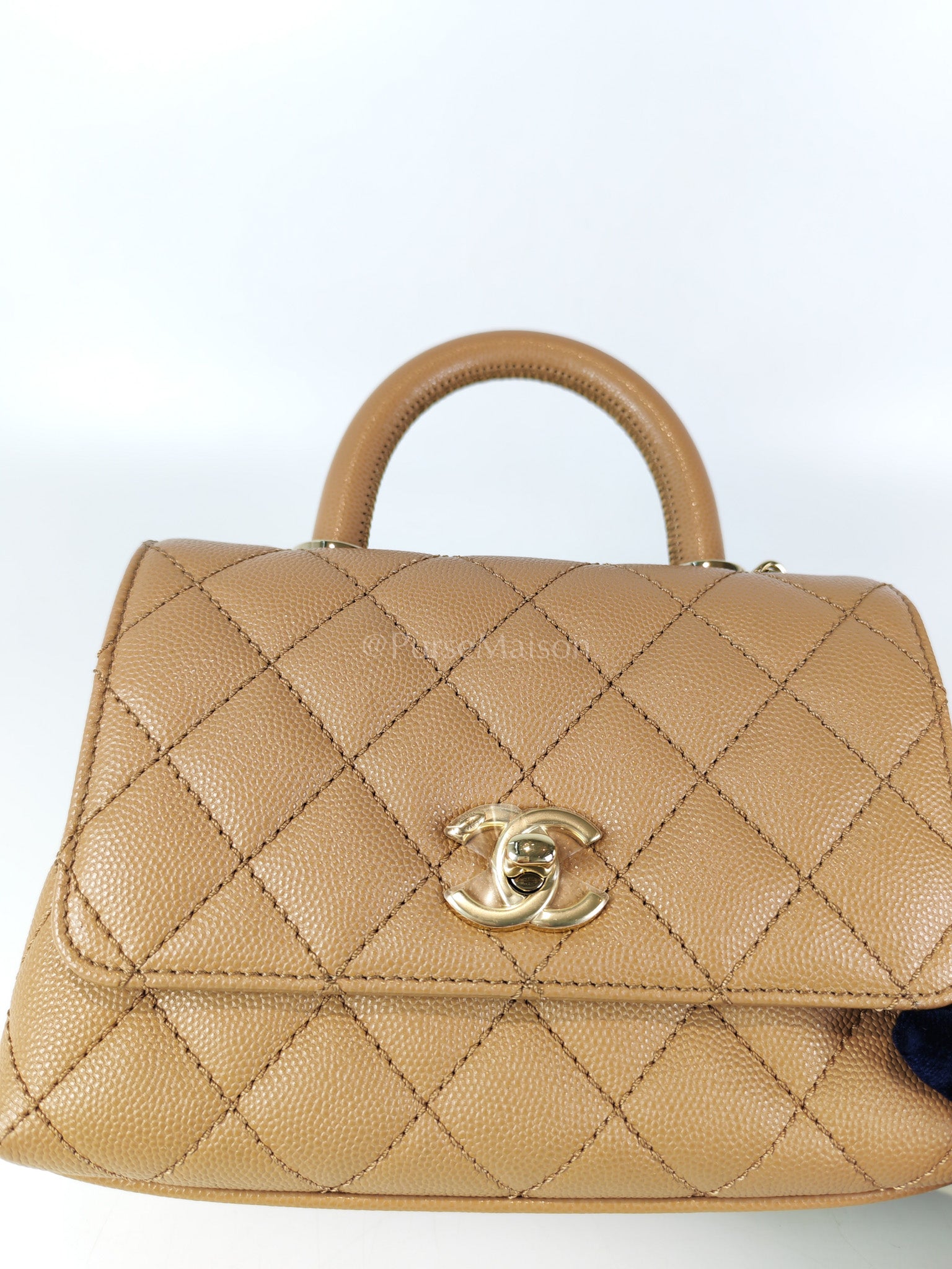 Coco Handle Mini in Dark Beige Caviar Leather Light Gold Hardware(Microchip) | Purse Maison Luxury Bags Shop
