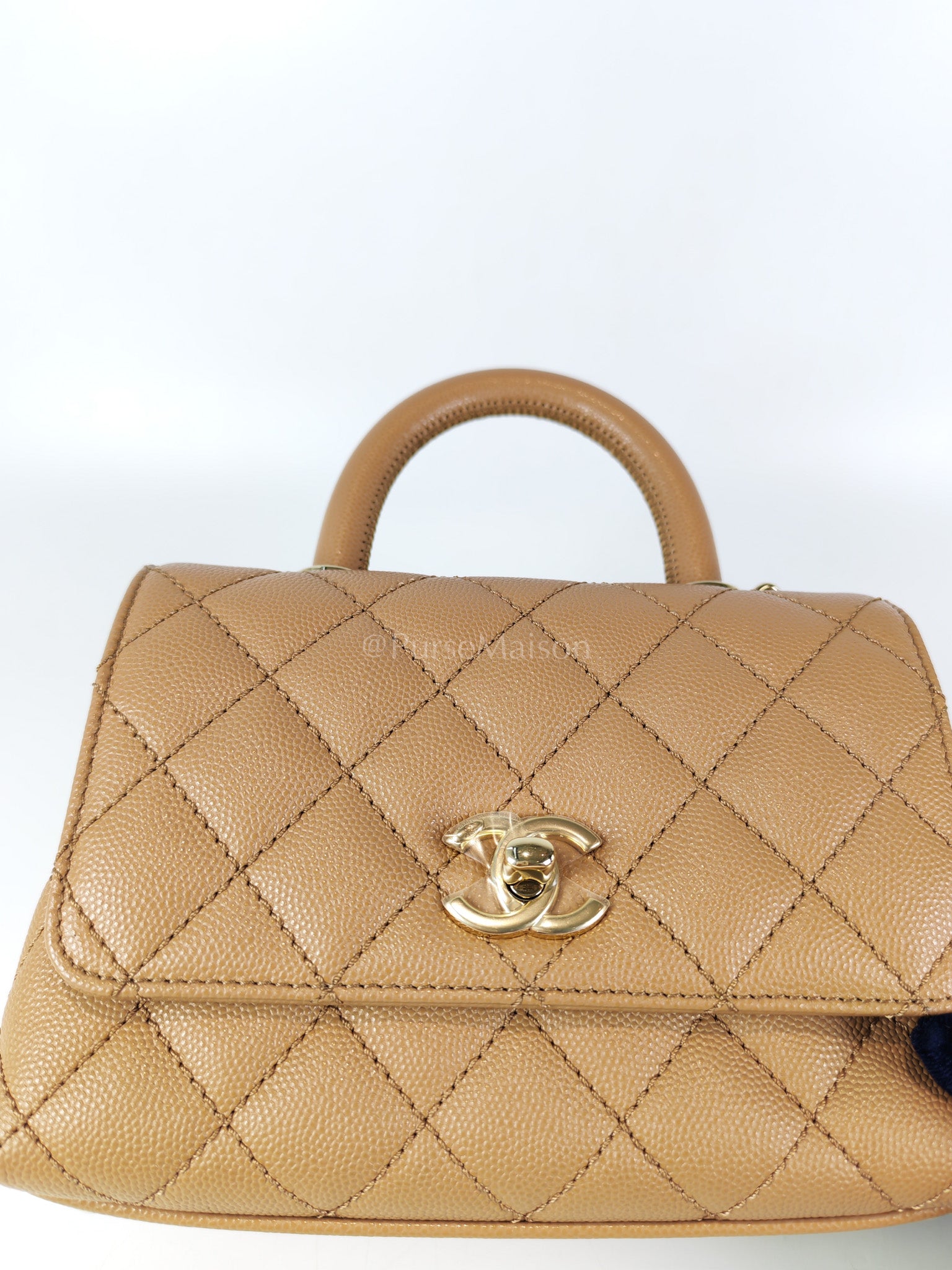 Coco Handle Mini in Dark Beige Caviar Leather Light Gold Hardware(Microchip) | Purse Maison Luxury Bags Shop