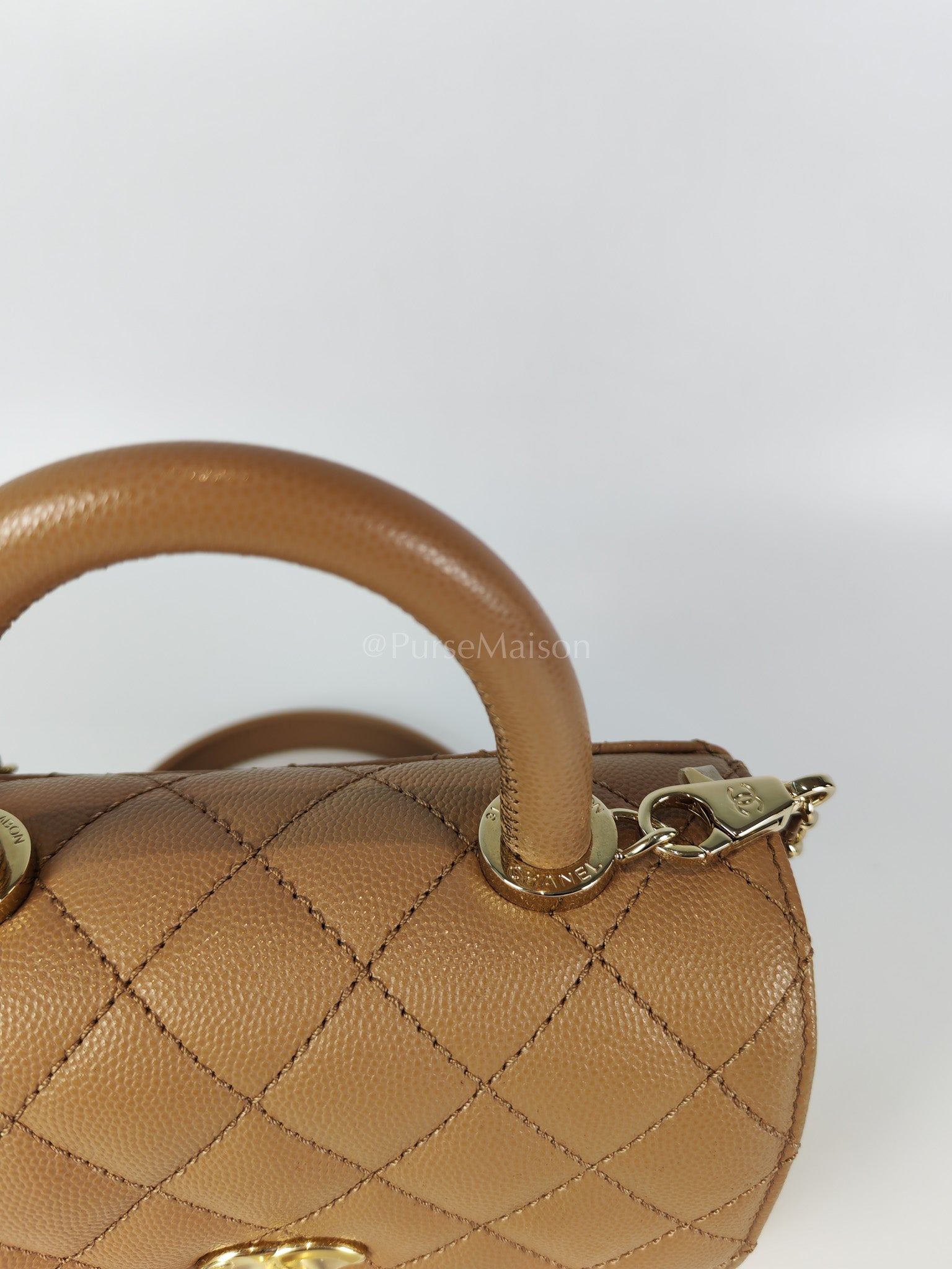 Coco Handle Mini in Dark Beige Caviar Leather Light Gold Hardware(Microchip) | Purse Maison Luxury Bags Shop